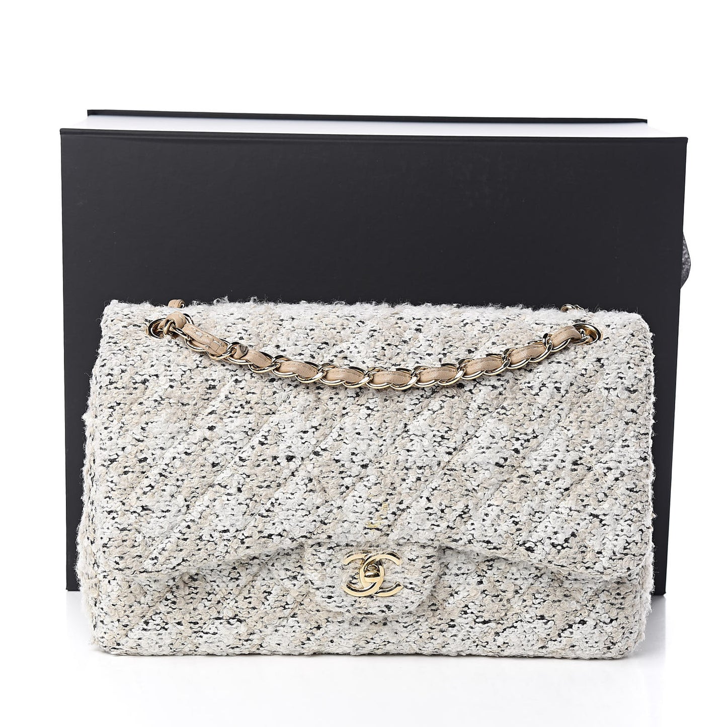 Tweed Quilted Jumbo Double Flap Beige
