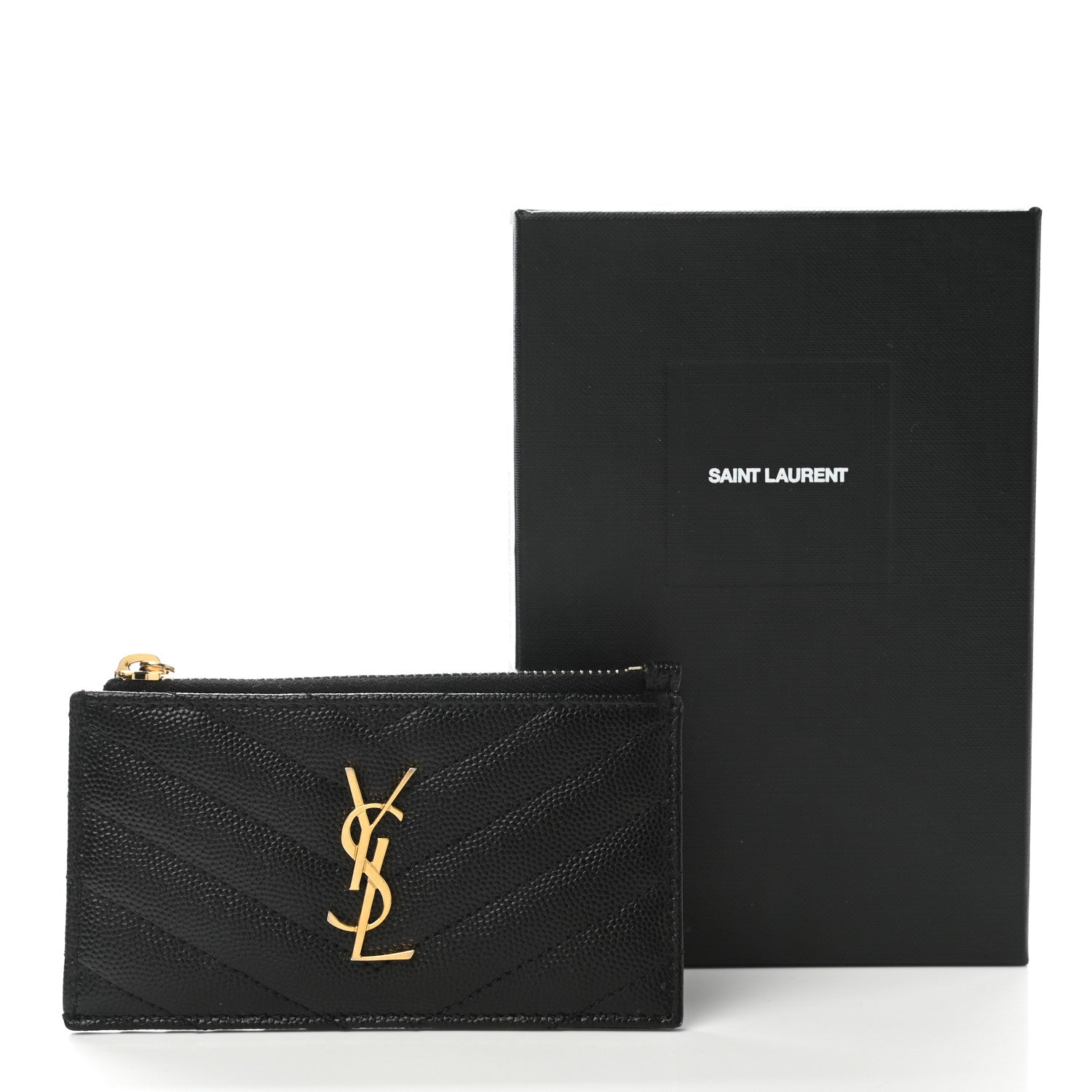 Saint Laurent Grain De Poudre Matelasse Chevron Monogram Fragments Zippered Card Case Black 8 of 8
