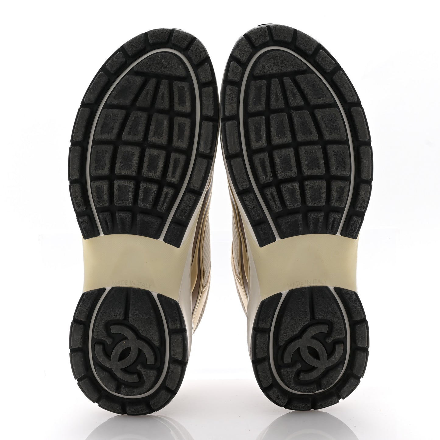 Fabric Laminated Calfskin Stretch CC Womens Sneakers 38.5 White Gold