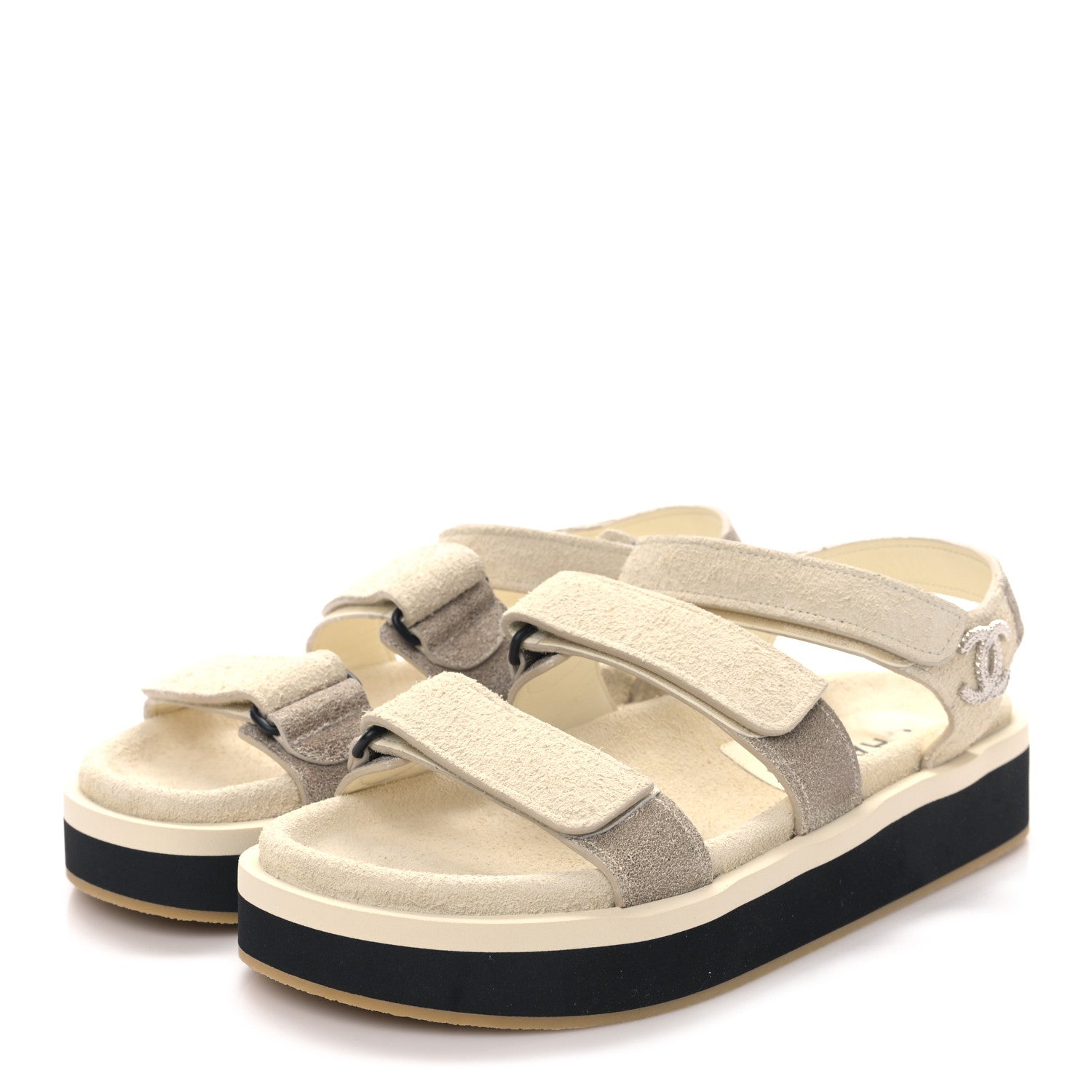 Chanel Suede Calfskin Velcro Flat Sandals 40 Ecru Dark Beige 3 of 9