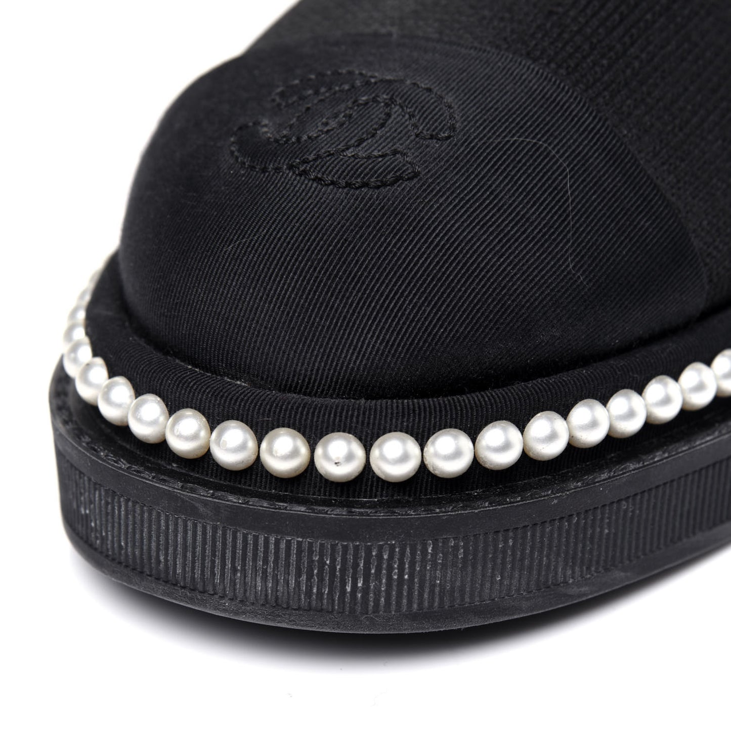 Stretch Fabric Grosgrain Pearl Cap Toe CC Moccasin Loafers 39 Black