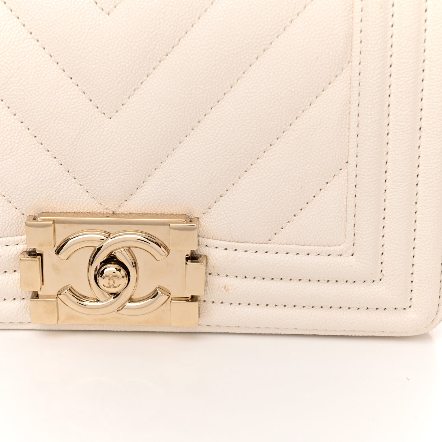 Caviar Chevron Quilted Small Boy Flap White