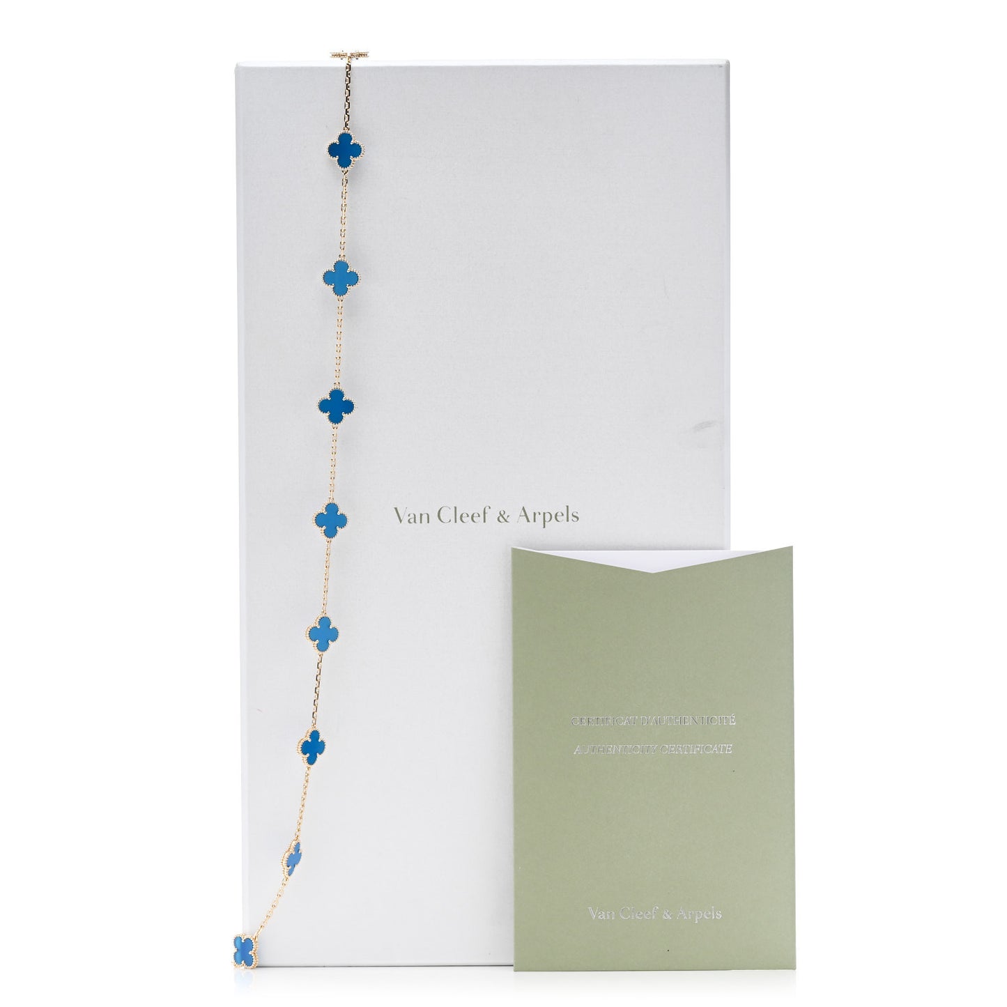 18K Yellow Gold Blue Agate 20 Motifs Vintage Alhambra Necklace