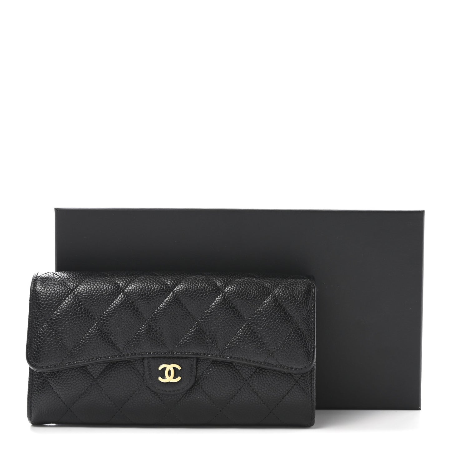 Caviar Quilted Large Gusset Flap Wallet Black