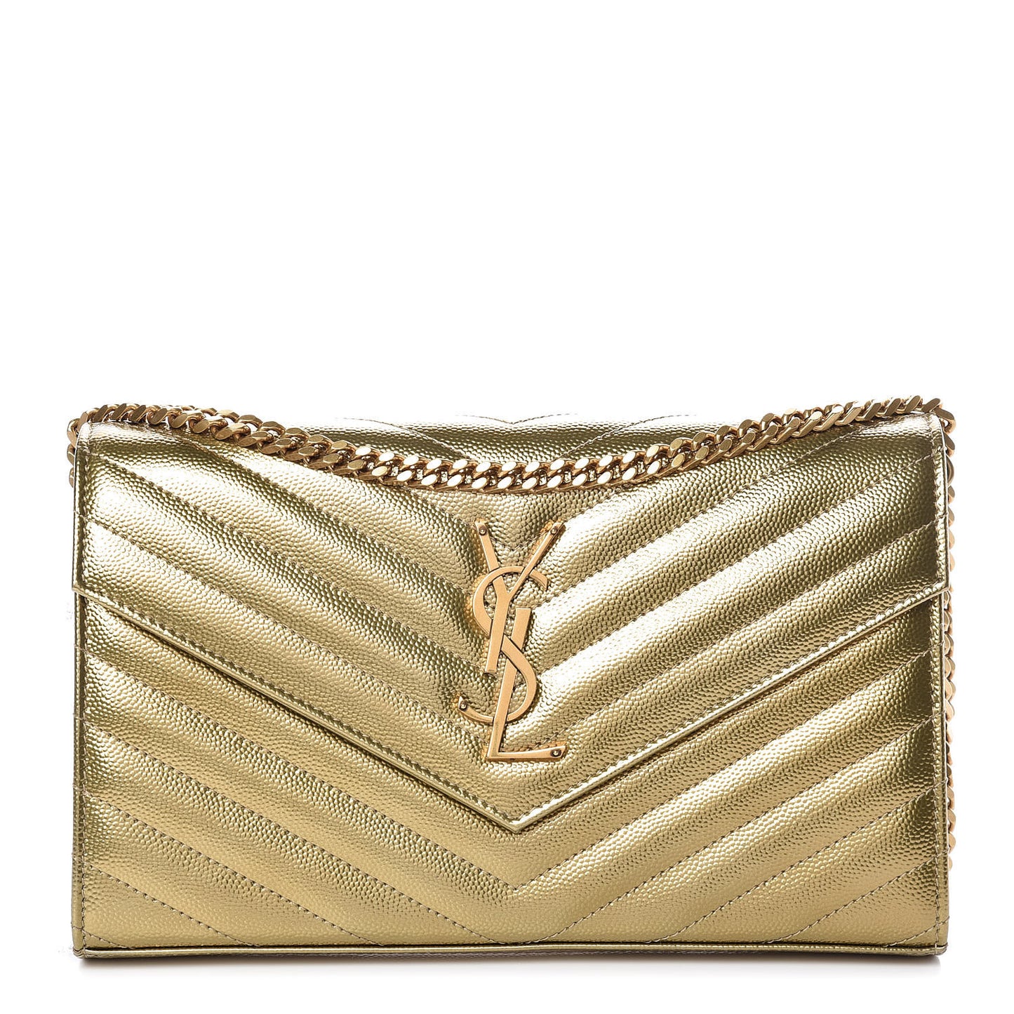 Iridescent Grain De Poudre Matelasse Chevron Monogram Chain Wallet Antic Gold