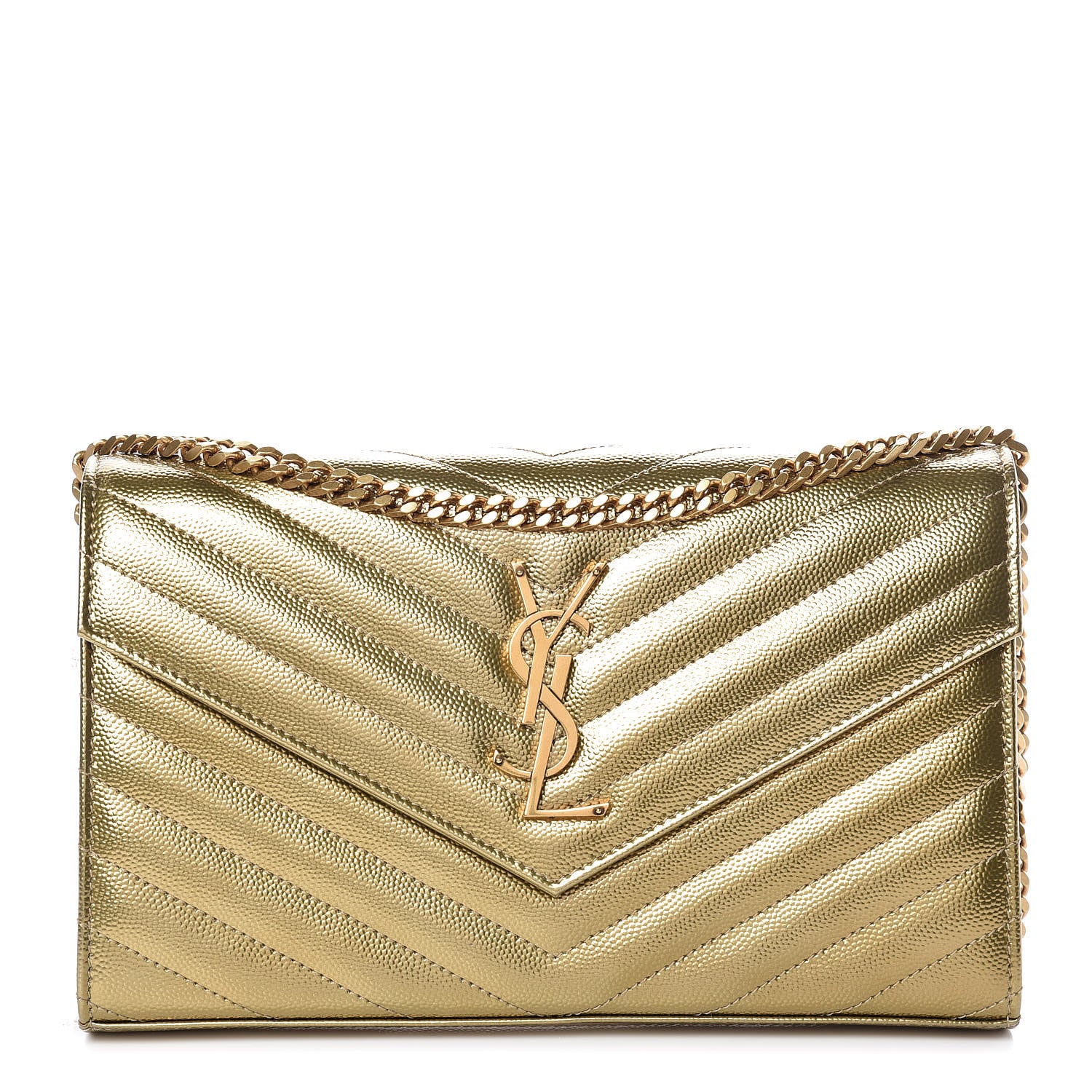Saint Laurent Iridescent Grain De Poudre Matelasse Chevron Monogram Chain Wallet Antic Gold 1 of 9