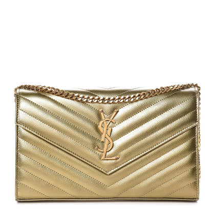 Saint Laurent Iridescent Grain De Poudre Matelasse Chevron Monogram Chain Wallet Antic Gold 1 of 9