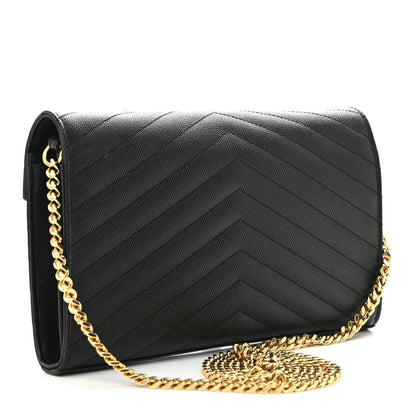 Saint Laurent Grain De Poudre Matelasse Chevron Monogram Chain Wallet Black 3 of 9
