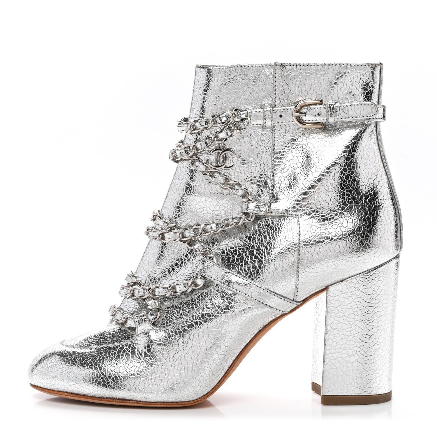 Chanel Metallic Crackled Calfskin Chain CC Short Boots 38.5 Silver 1 of 9