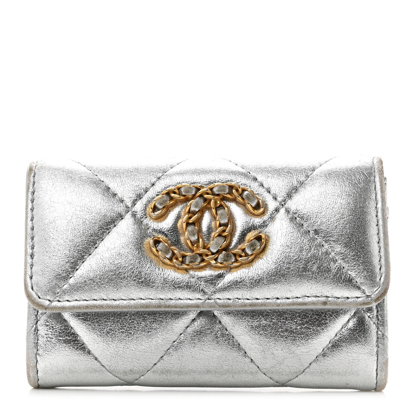 Metallic Lambskin Quilted Chanel 19 Flap Card Holder Silver