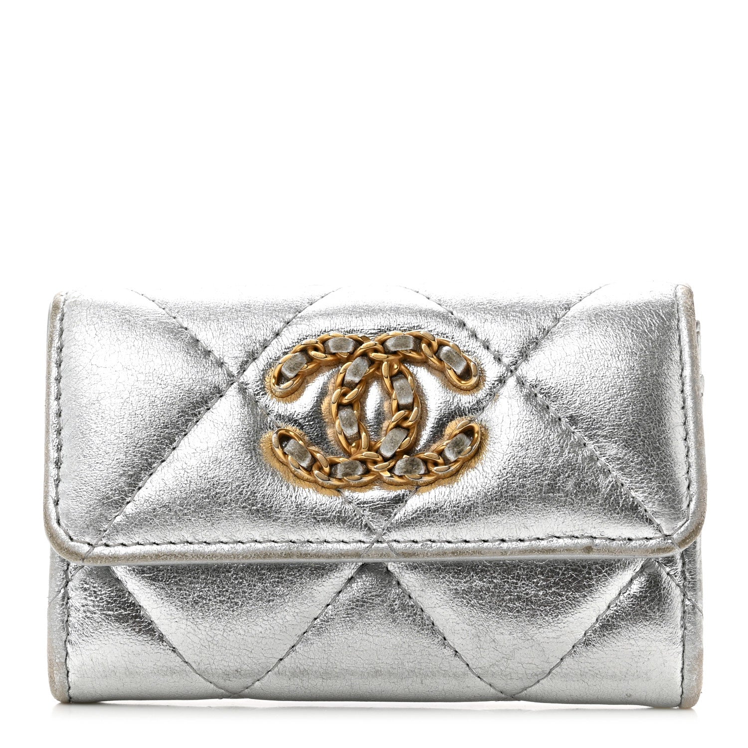 Chanel Metallic Lambskin Quilted Chanel 19 Flap Card Holder Silver 1 of 9