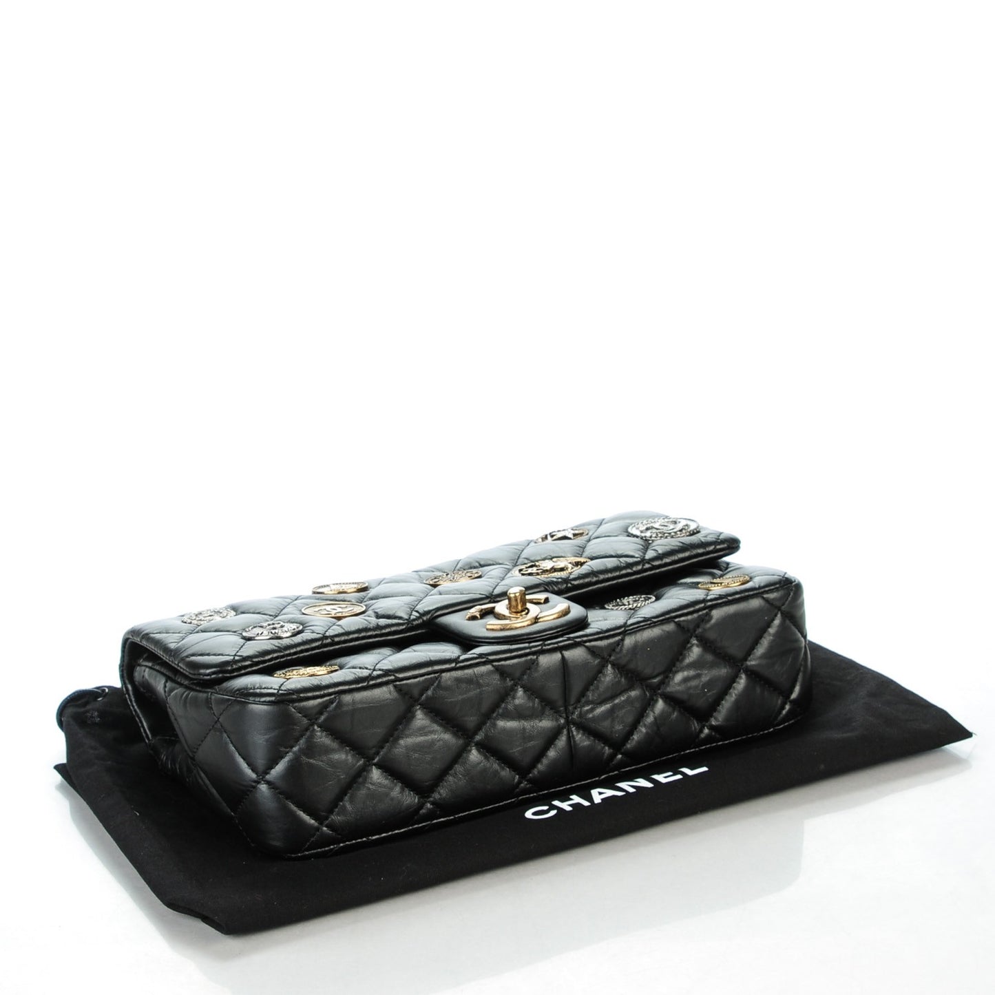Aged Calfskin Quilted Medium Medallion Flap Black