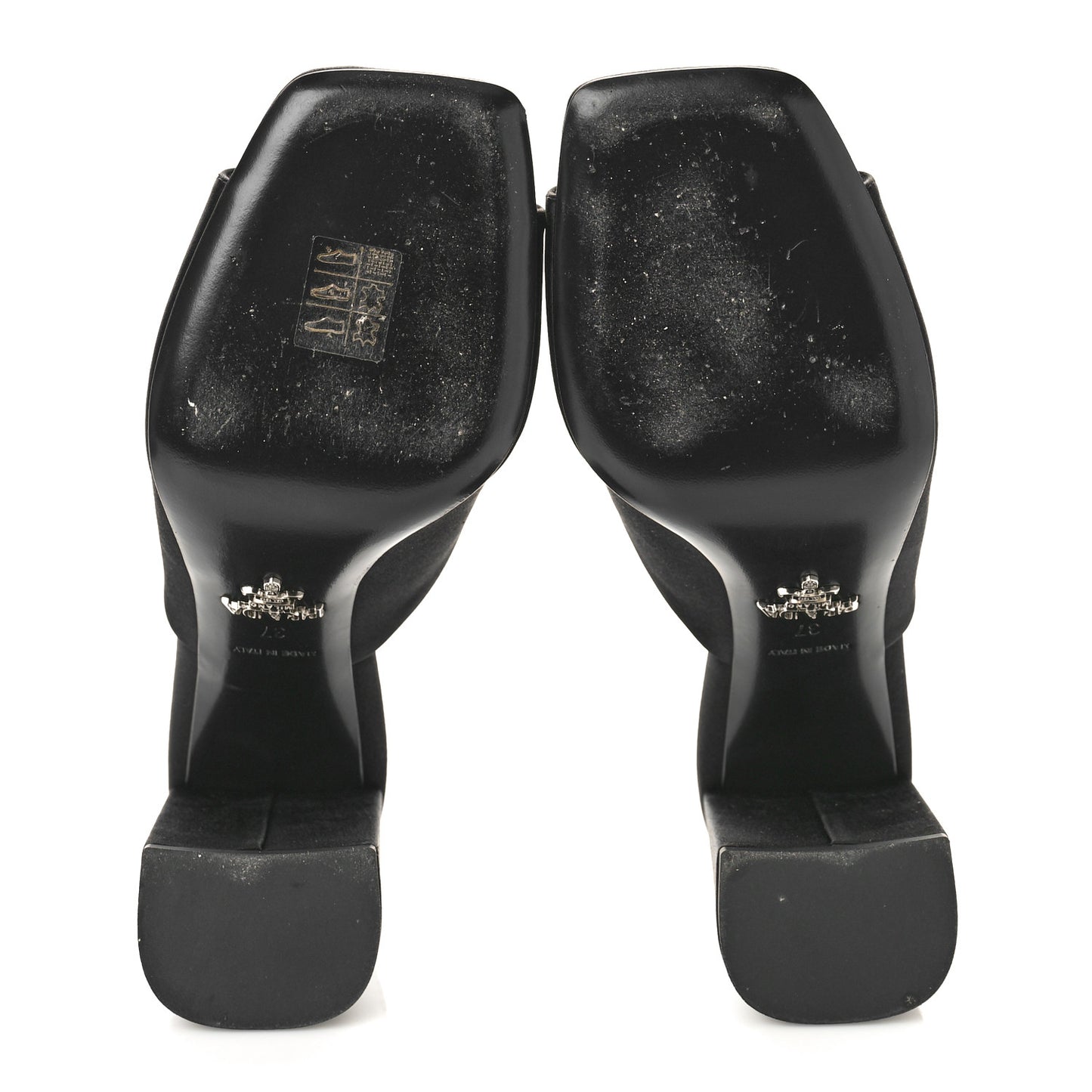 Satin Metal Triangle Logo 85mm Slide Sandals 37 Black
