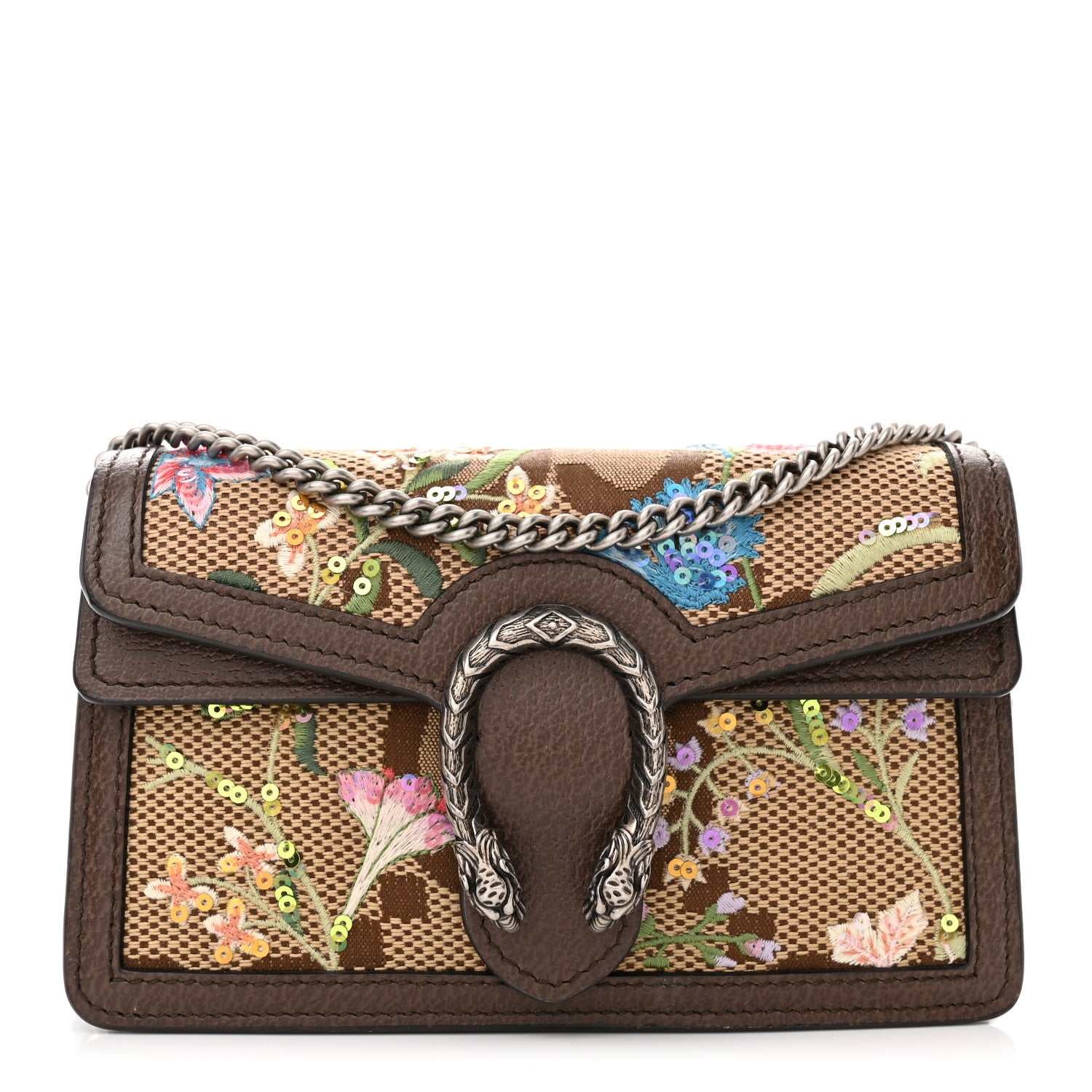 Gucci Monogram Jumbo GG Textured Dollar Calfskin Embroidered Super Mini Dionysus Shoulder Bag Camel Ebony New Acero Multicolor 1 of 9