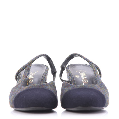 Chanel Wool Cap Toe CC Slingback Pumps 38 Black Dark Grey 2 of 13