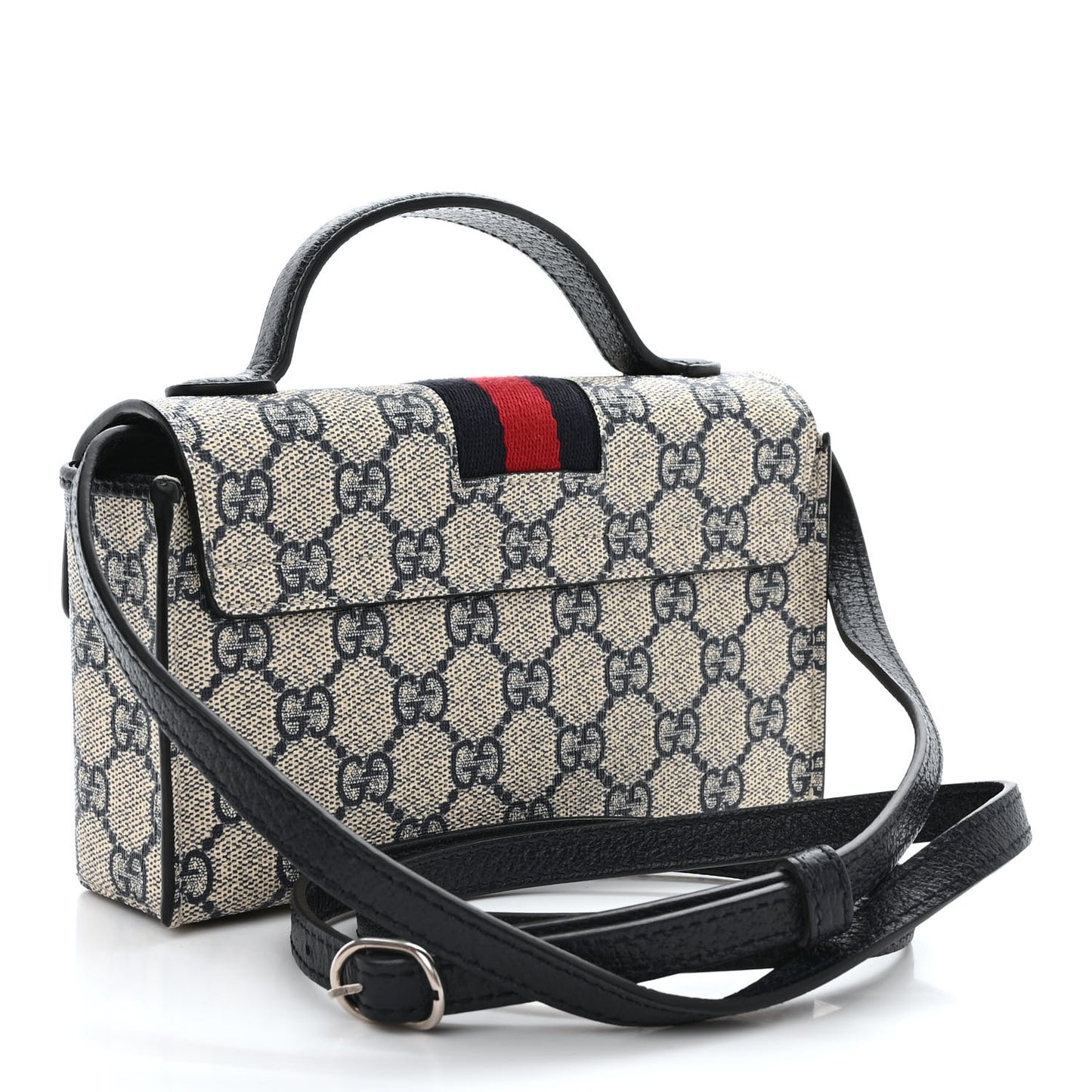 GG Supreme Monogram Textured Dollar Calfskin Web Mini Padlock Top Handle Shoulder Bag Beige Blue