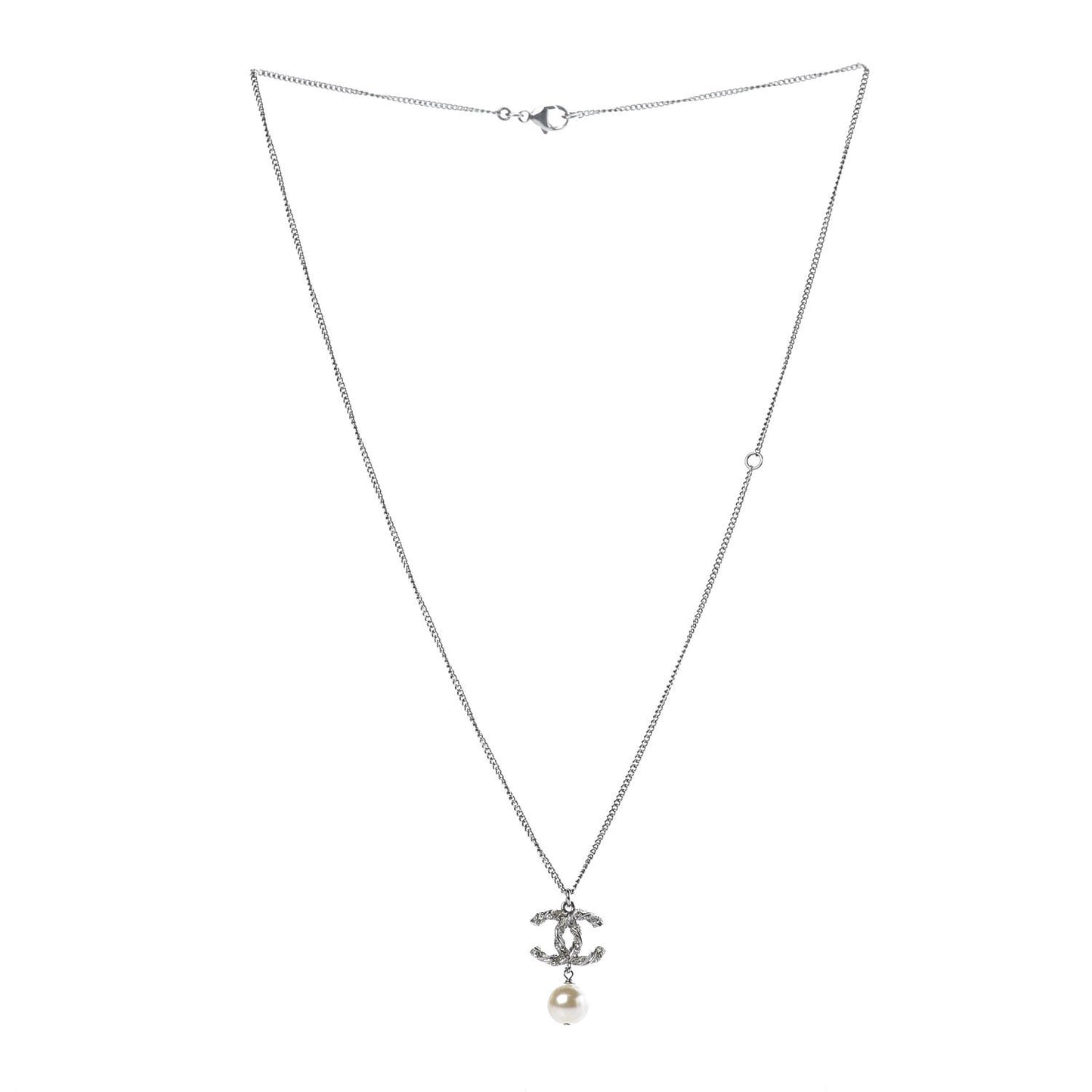 Crystal Pearl Twisted CC Drop Necklace Silver