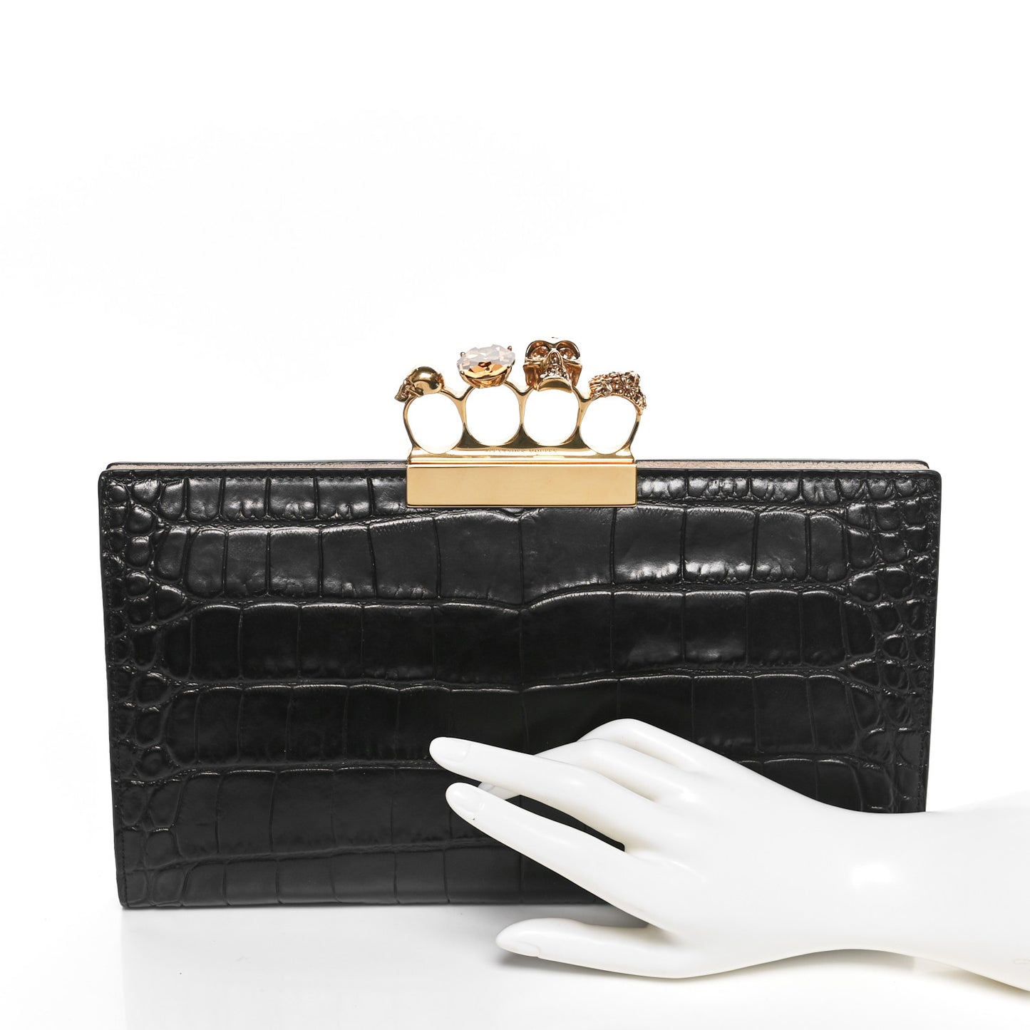 Calfskin Crocodile Embossed Knuckle Flat Clutch Black Gold
