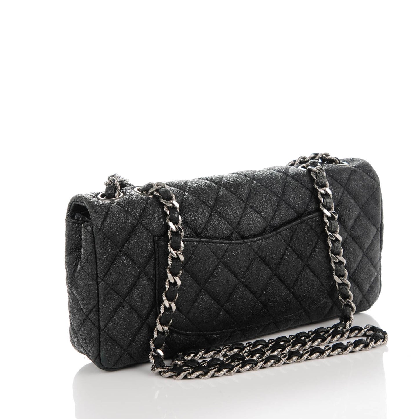 Crackled Calfskin Quilted East West Flap Black
