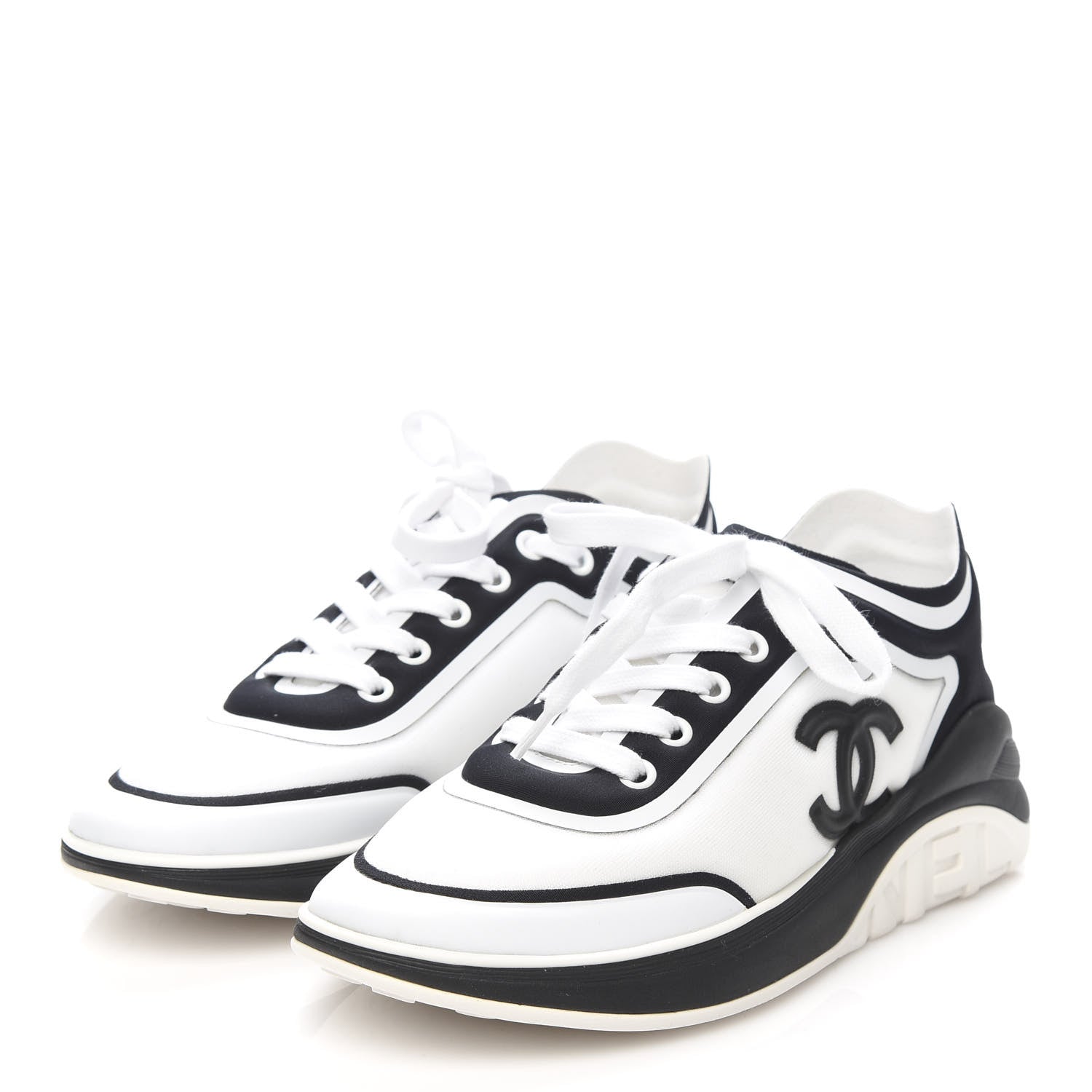 Chanel Lycra Womens CC Sneakers 36.5 White Black 3 of 8