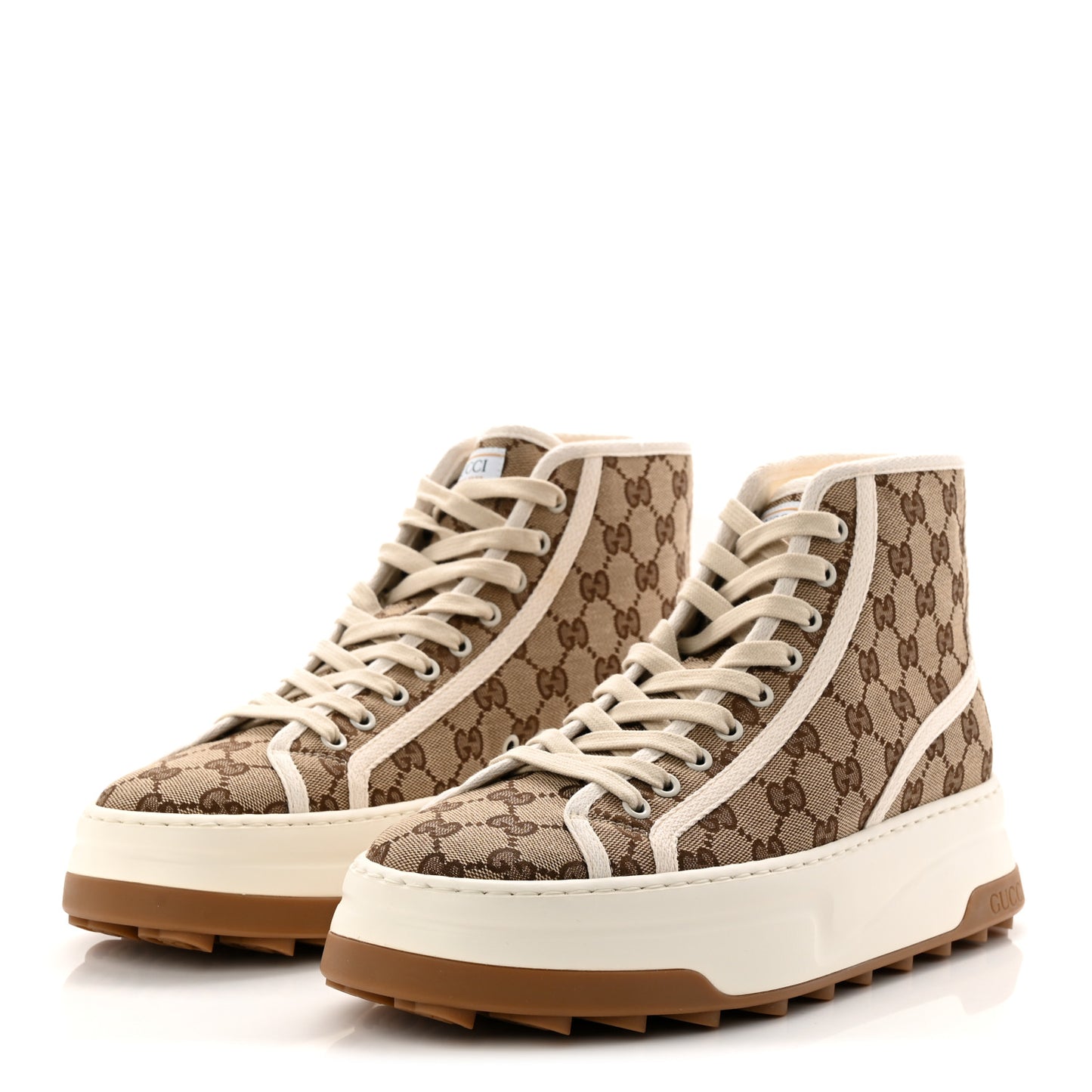 GG Monogram Mens 1977 Tennis High Top Platform 55mm Sneakers 8.5 Beige Ebony Mystic White