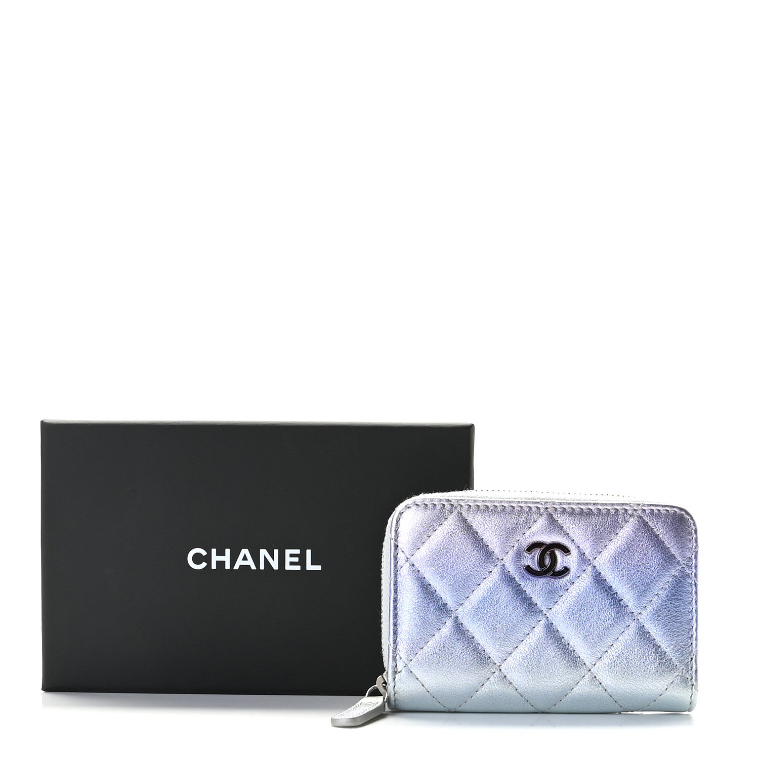 Chanel Gradient Metallic Calfskin Quilted Zip Around Coin Purse Wallet Silver Blue Yellow Purple 8 of 10