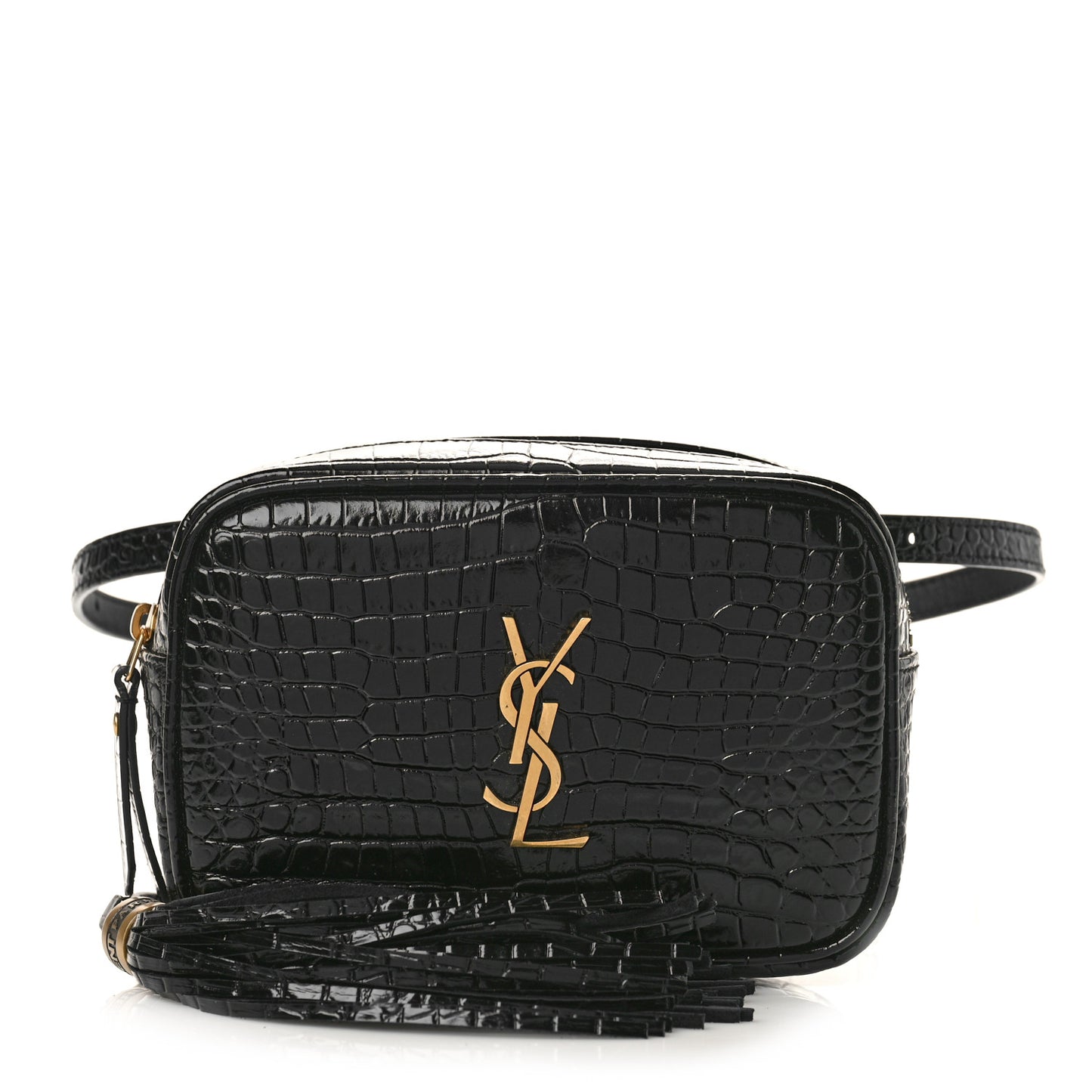 Patent Calfskin Crocodile Embossed Monogram Lou Belt Bag Black