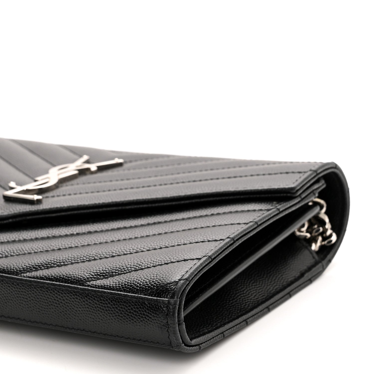 Saint Laurent Grain De Poudre Matelasse Chevron Monogram Chain Wallet Black 9 of 10
