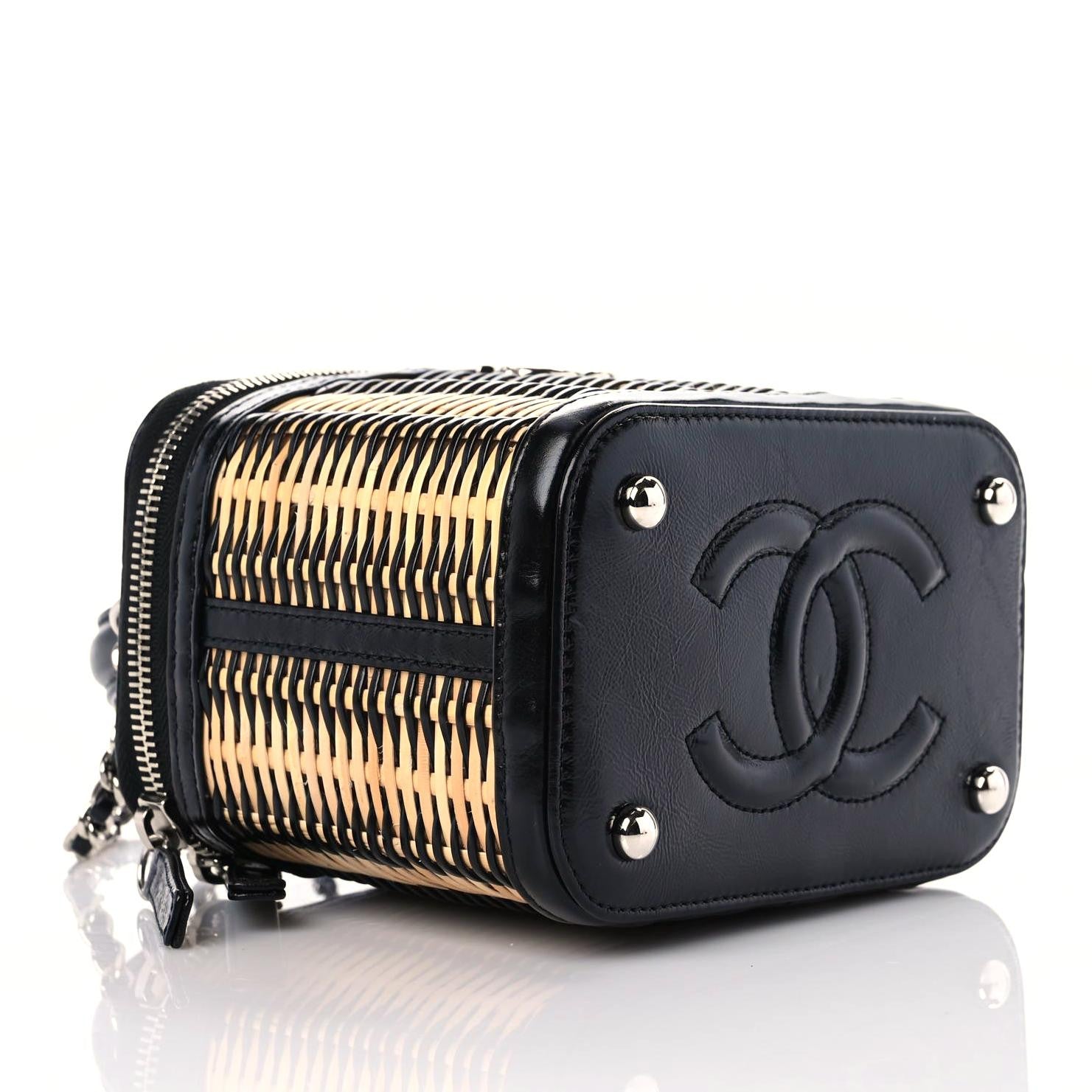 Chanel Calfskin Raffia Small Vanity Case Bag Black Beige 4 of 10