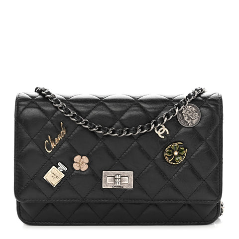 Aged Calfskin Quilted Lucky Charms 2.55 Reissue Wallet On Chain WOC Black