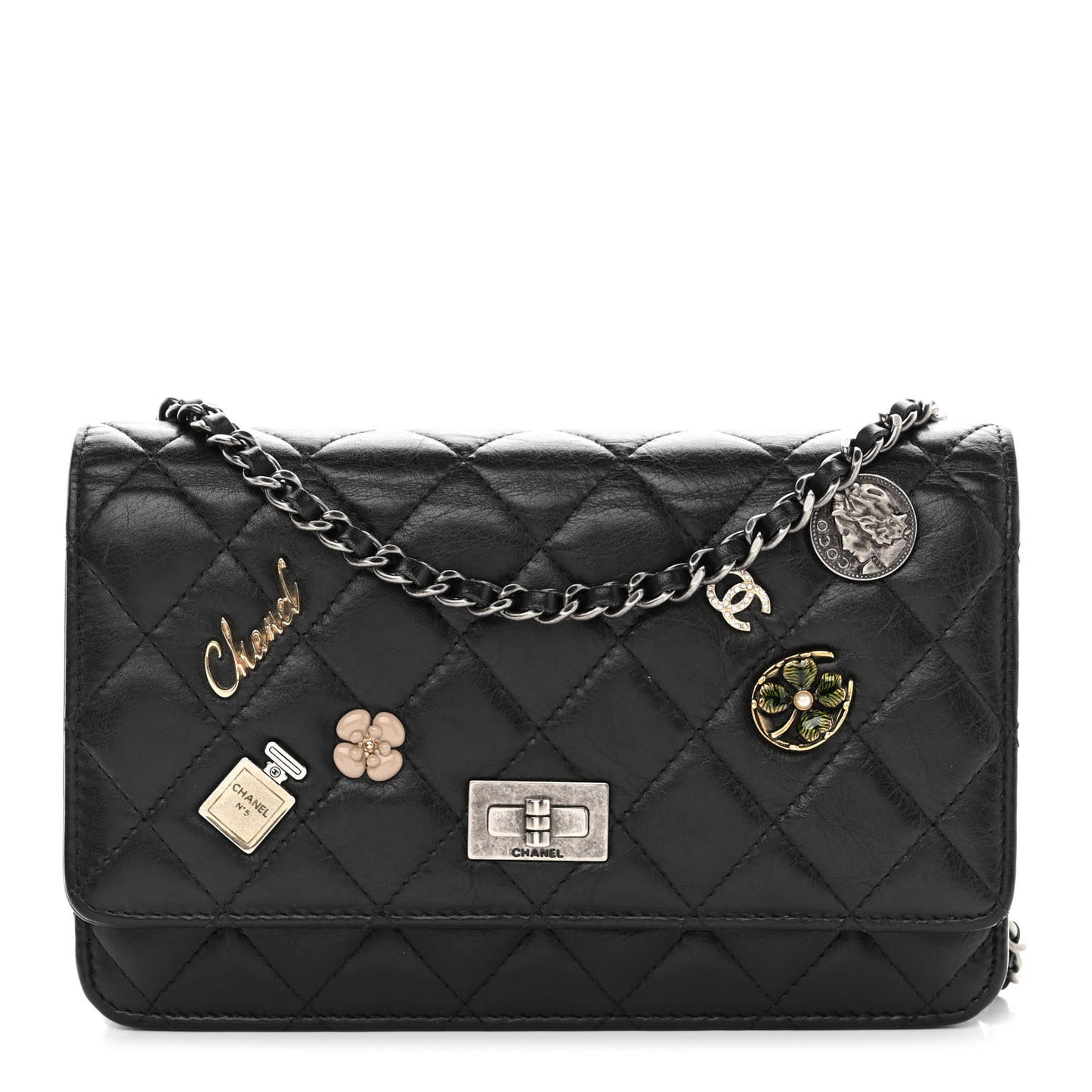 Aged Calfskin Quilted Lucky Charms 2.55 Reissue Wallet On Chain WOC Black