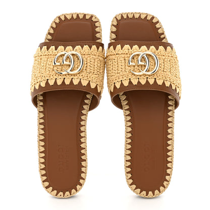 Gucci Raffia Interlocking G Flat Slide Sandals 36.5 Bright Natural Sundial 2 of 10