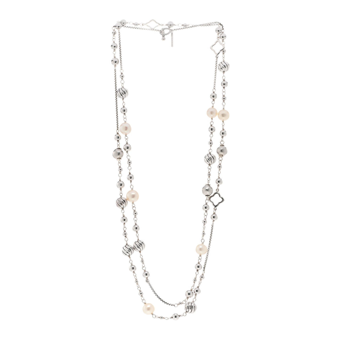 Sterling Silver Freshwater Cultured Pearl Quatrefoil Long Chain Necklace
