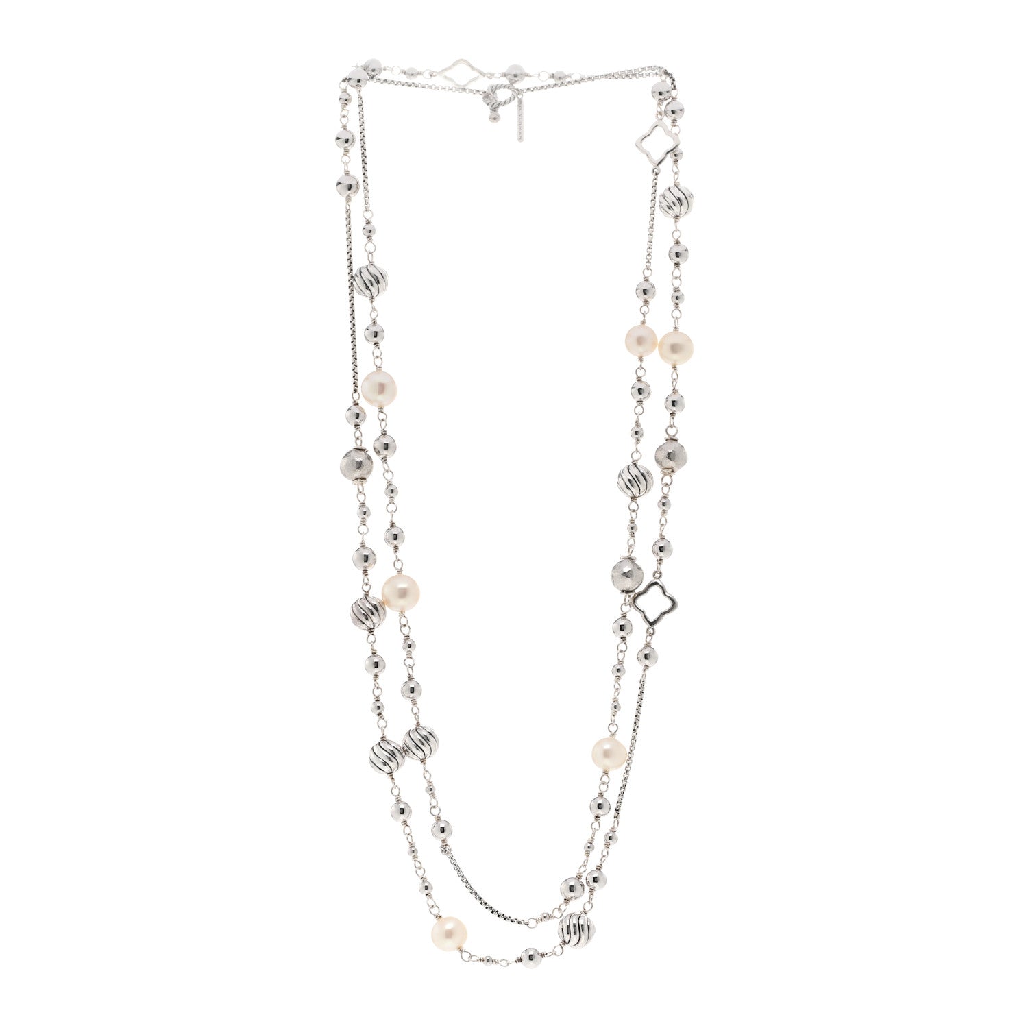 David Yurman Sterling Silver Freshwater Cultured Pearl Quatrefoil Long Chain Necklace 3 of 4