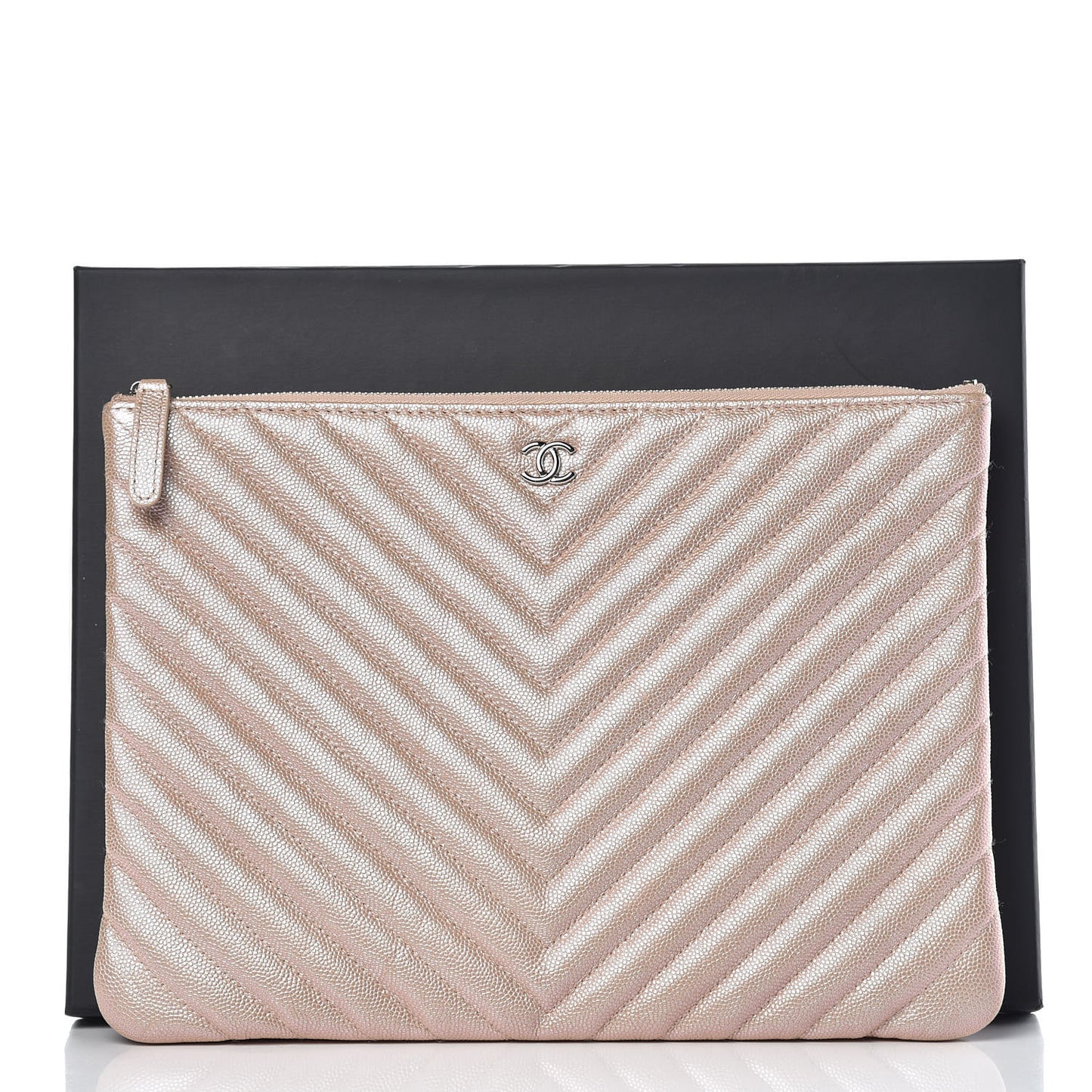 Iridescent Caviar Chevron Quilted Medium Cosmetic Case Light Gold