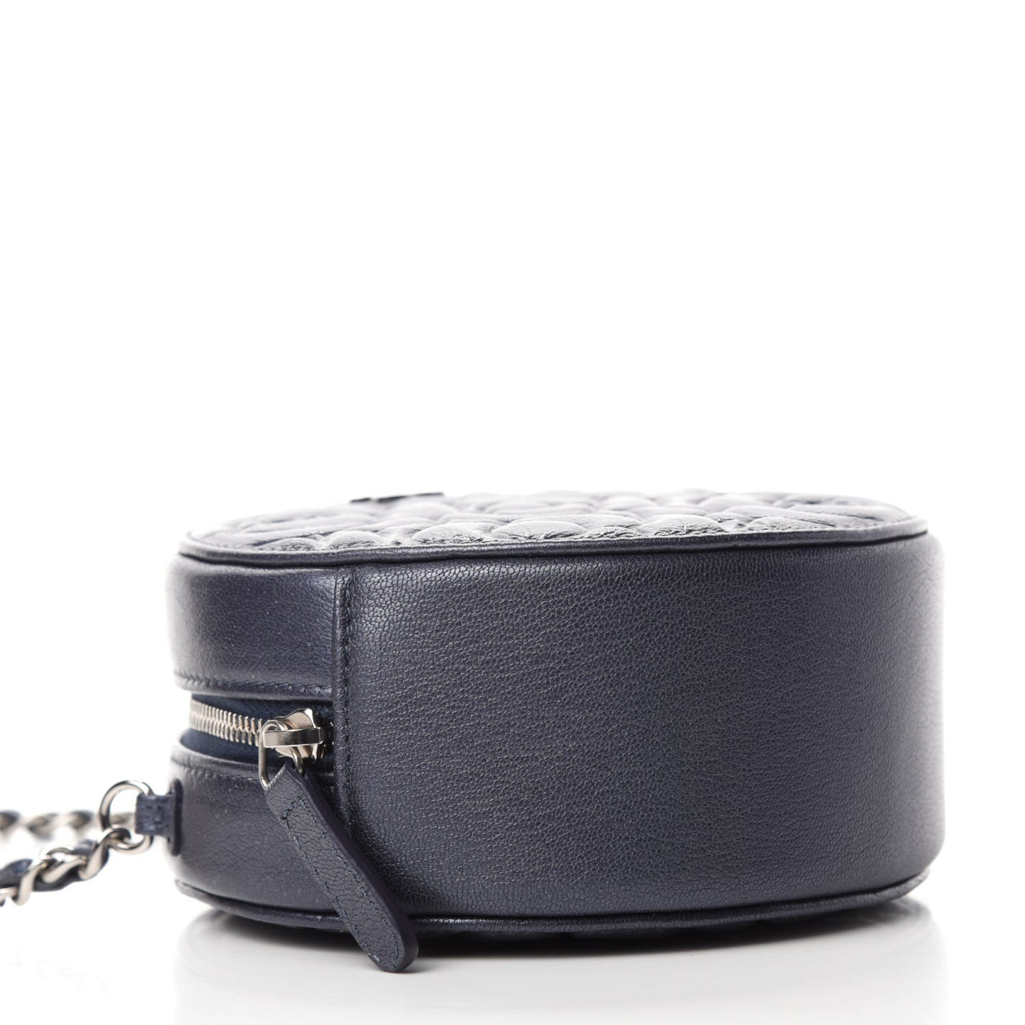 Goatskin Camellia Embossed Round Clutch With Chain Dark Blue