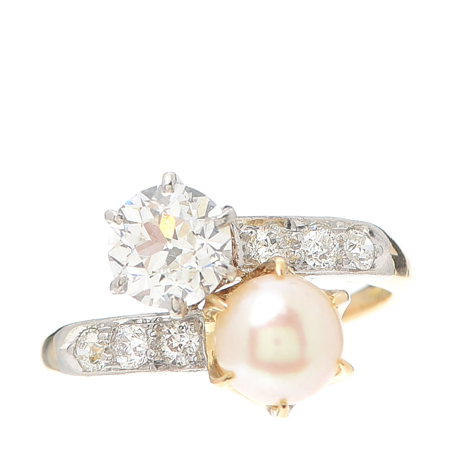 18K Yellow Gold Platinum Diamond Pearl Bypass Ring 50 5.25