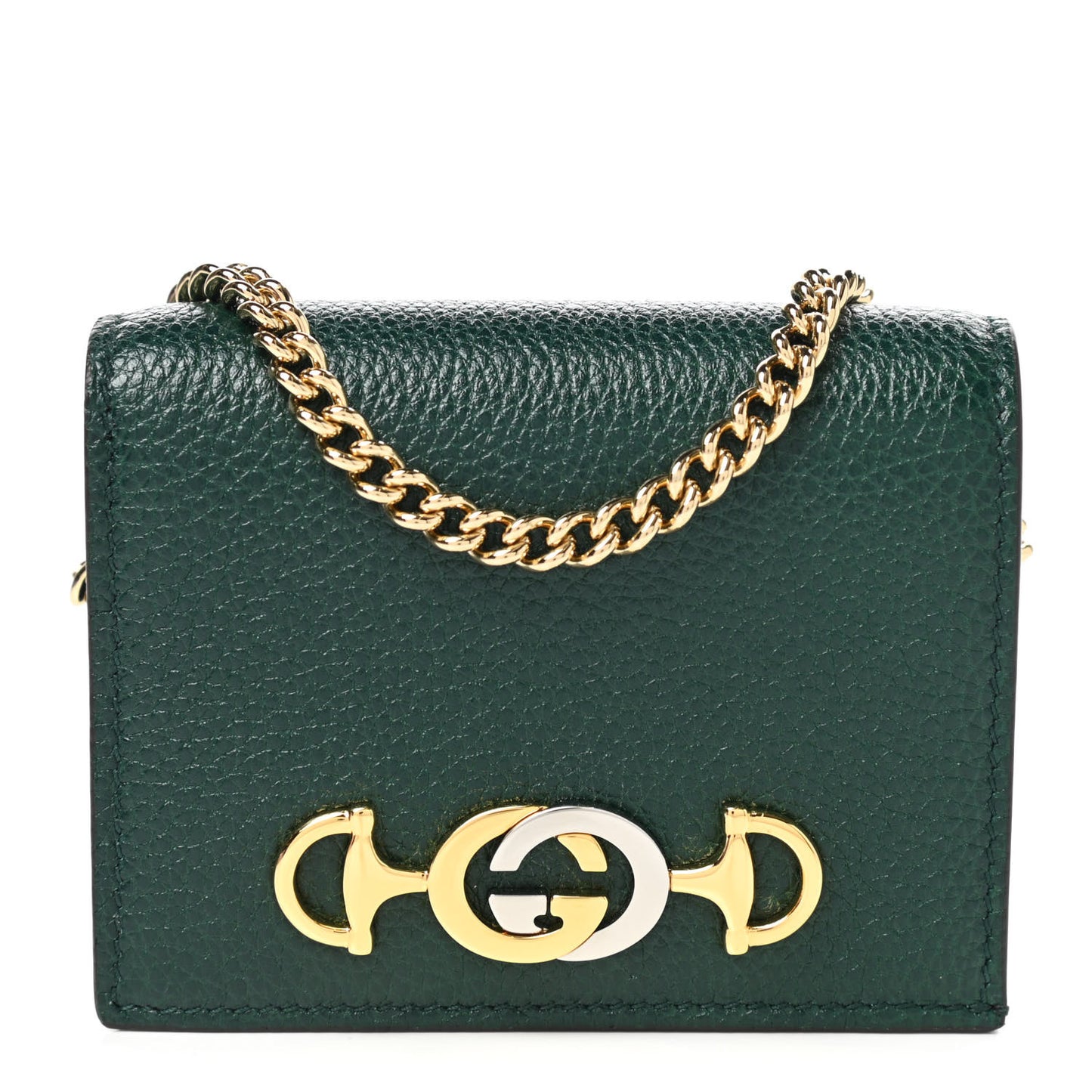 Grainy Calfskin Zumi Chain Card Case Wallet Vintage Green