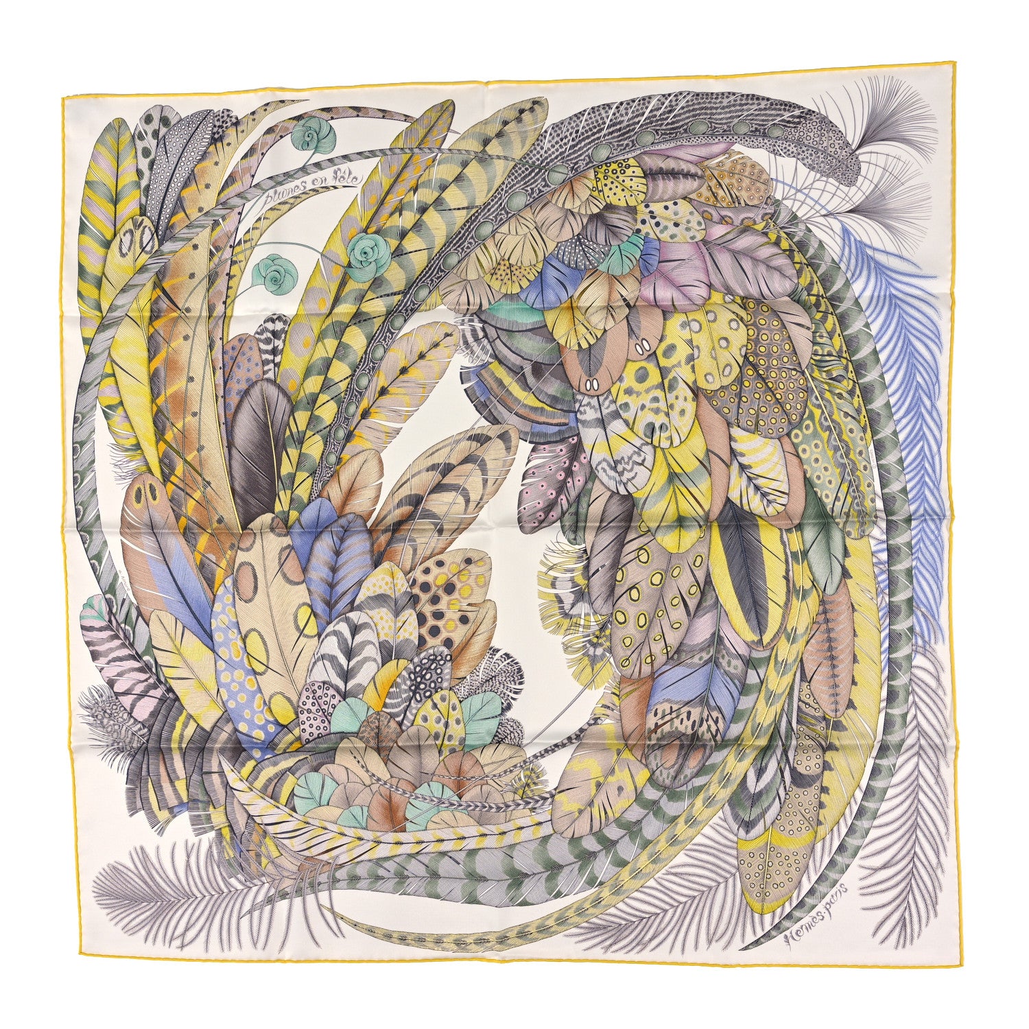 Hermes Silk Plumes En Fete Scarf 90 Blanc Jaune Mauve 1 of 3