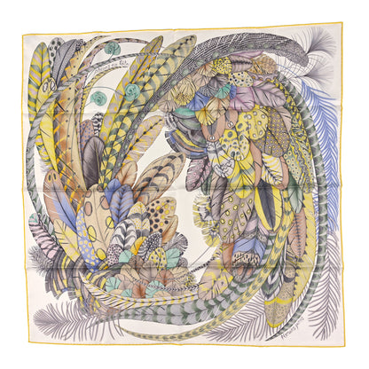 Hermes Silk Plumes En Fete Scarf 90 Blanc Jaune Mauve 1 of 3