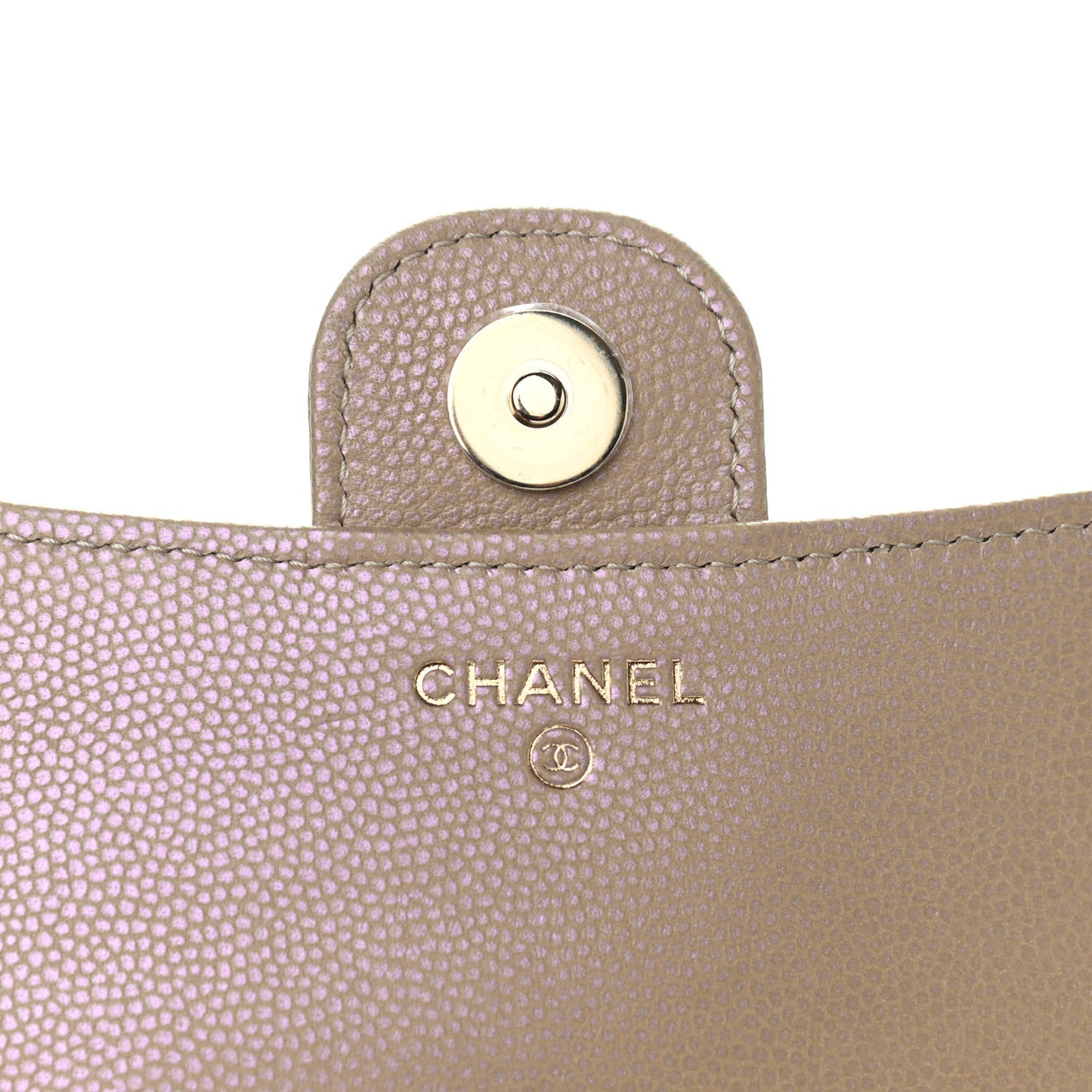 Iridescent Caviar Quilted Flap Phone Holder With Chain Beige