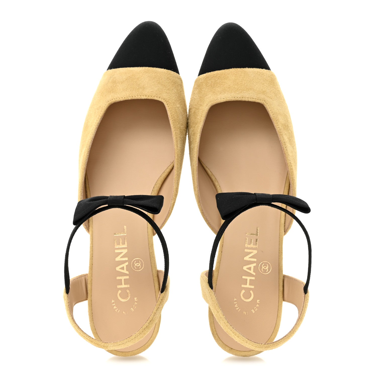 Chanel Suede Grosgrain Bow Cap Toe CC Slingback Flats 38 Beige Black 2 of 10