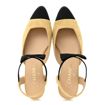Chanel Suede Grosgrain Bow Cap Toe CC Slingback Flats 38 Beige Black 2 of 10