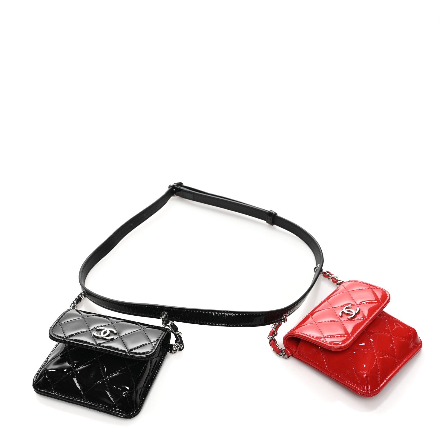 Chanel Patent Quilted Belt In Love Double Mini Flap Waist Bag Black Red 1 of 9