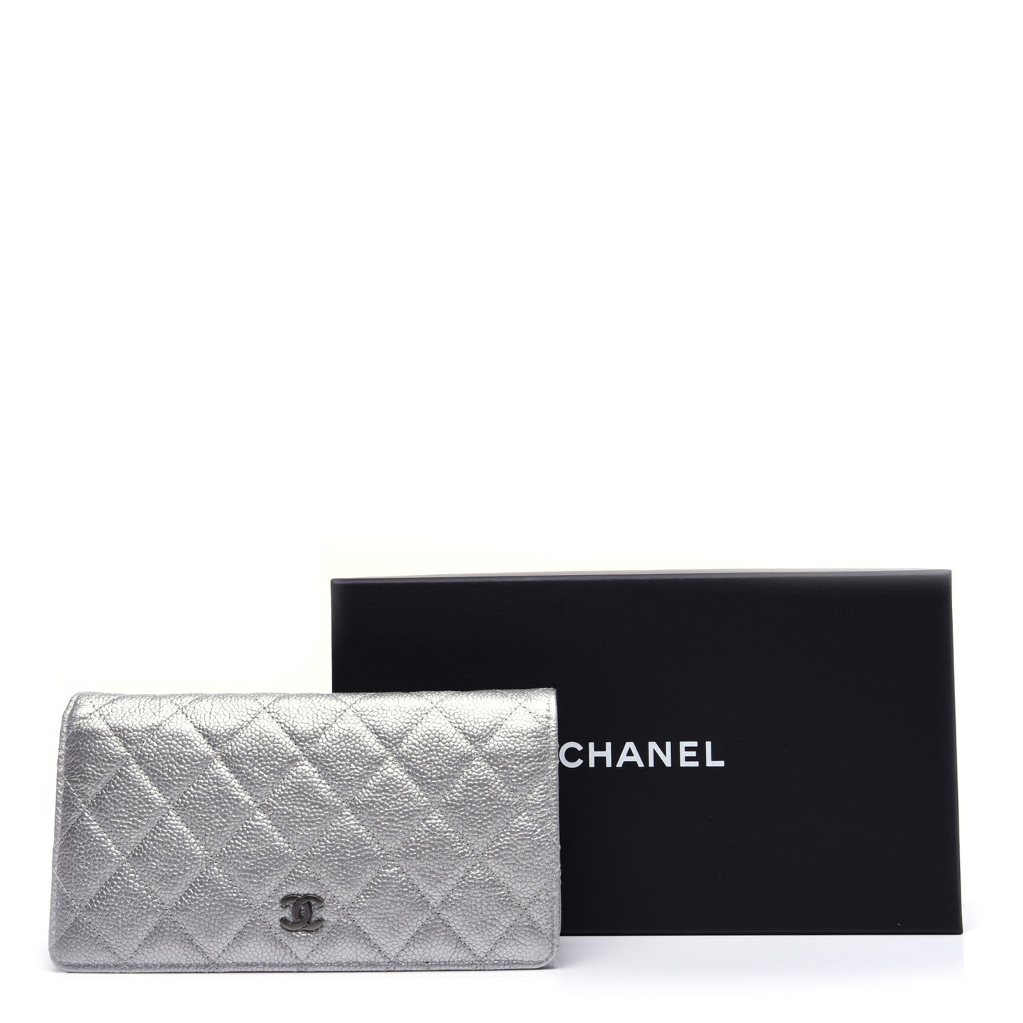 Metallic Caviar Quilted Yen Wallet Silver