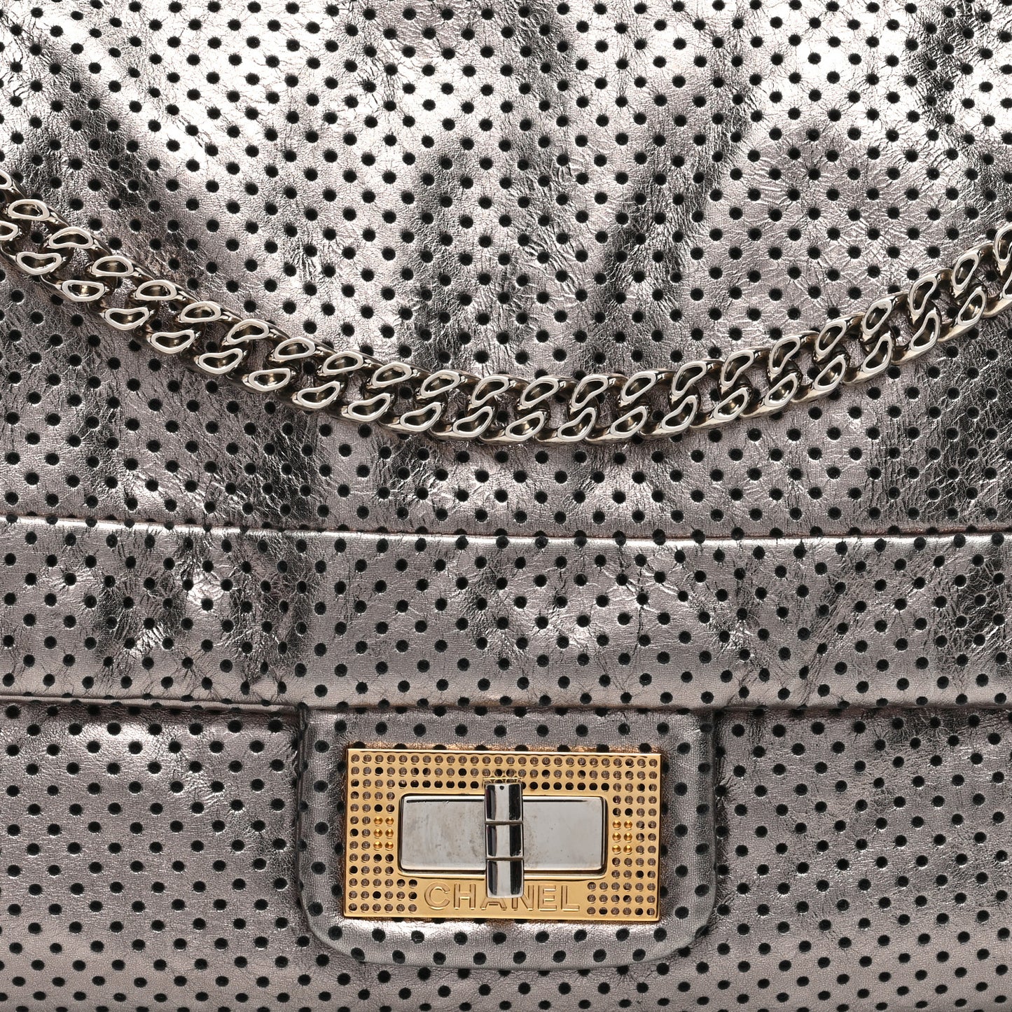 Metallic Crackled Calfskin Perforated Drill Flap Silver