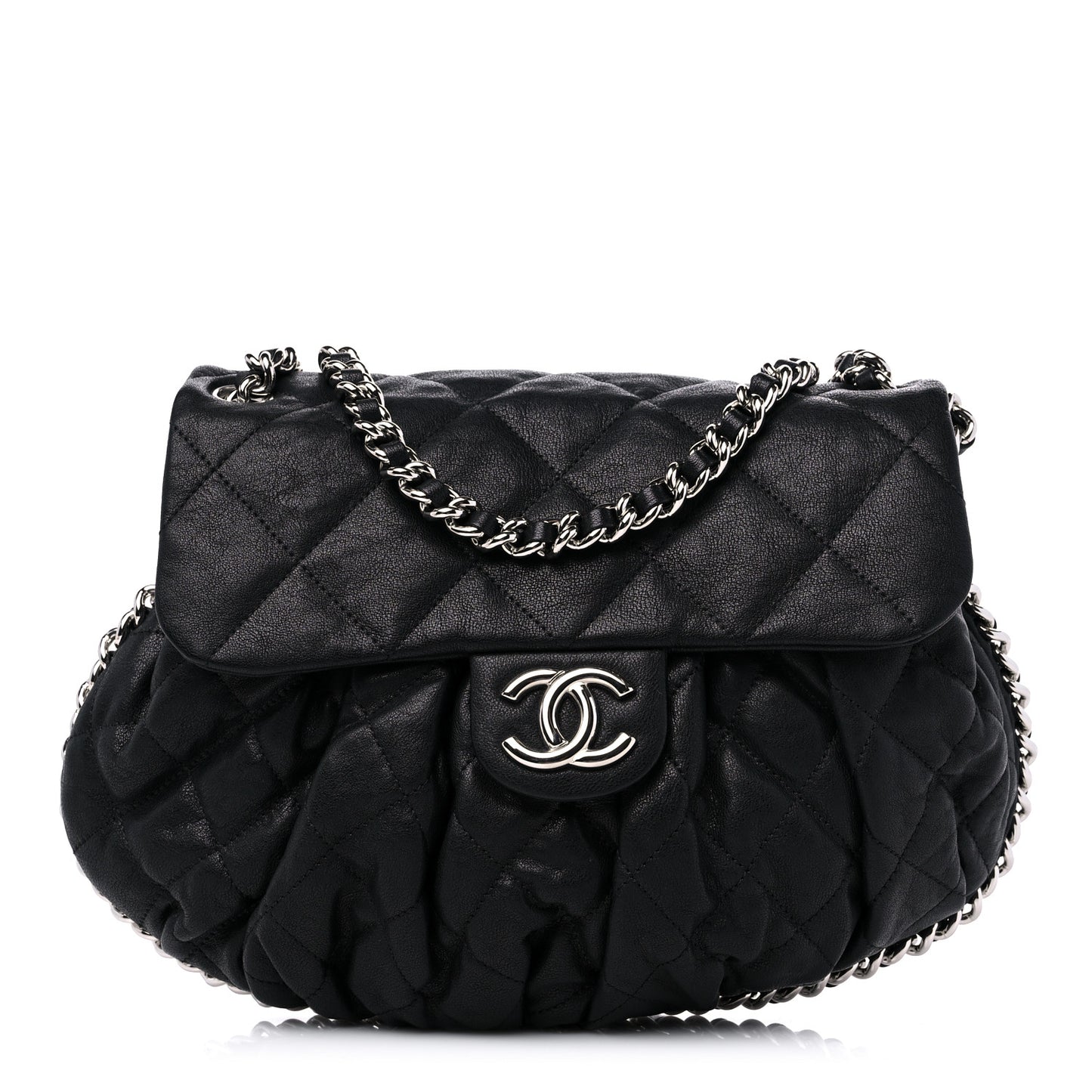 Washed Lambskin Quilted Medium Chain Around Messenger Black