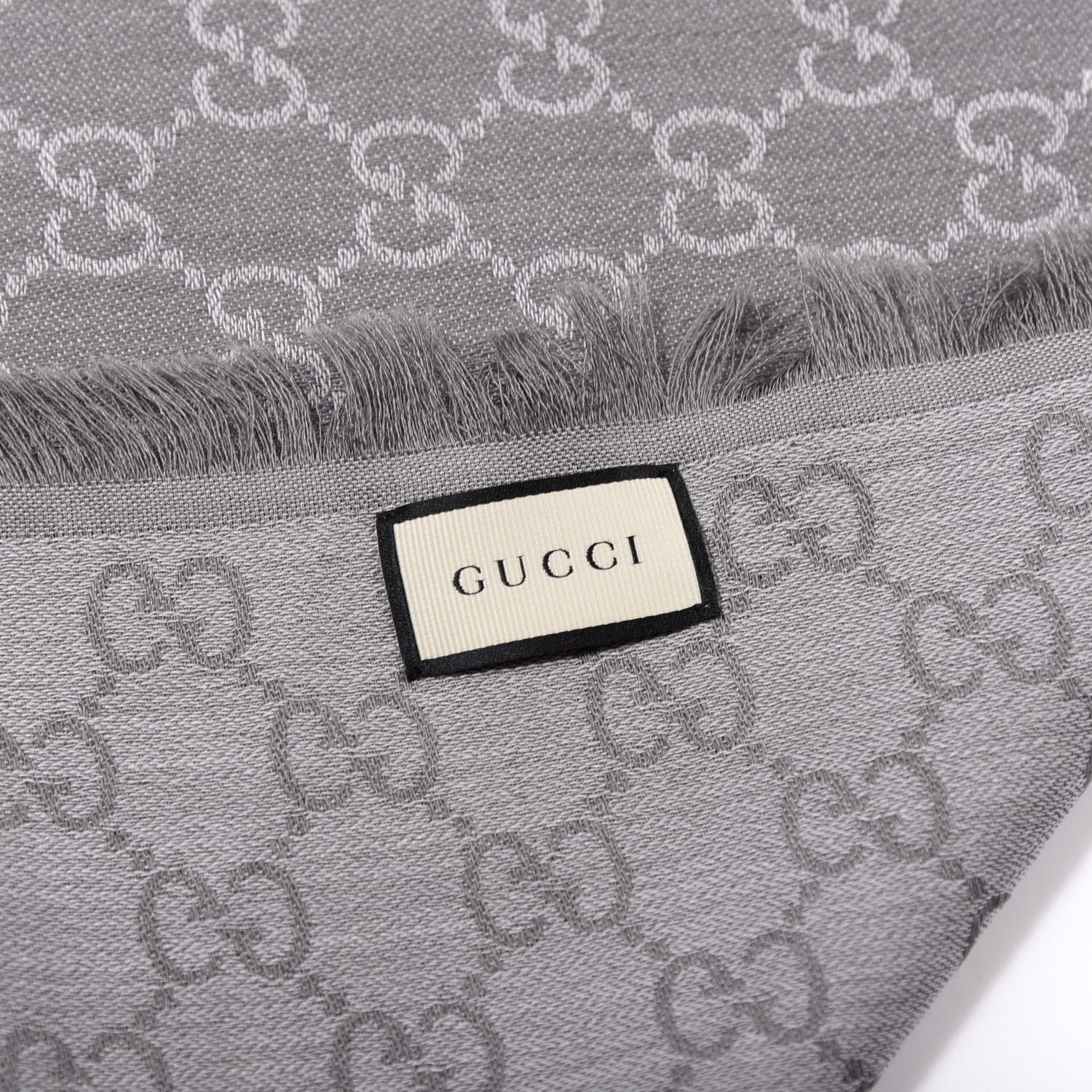 Gucci Wool Silk Monogram GGWeb Fringe Shawl Pearl Medium Grey 4 of 4