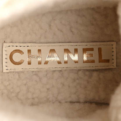 Chanel Kid Suede Shearling Sheepskin Lace Up Boots 38 Ivory White Black 8 of 8