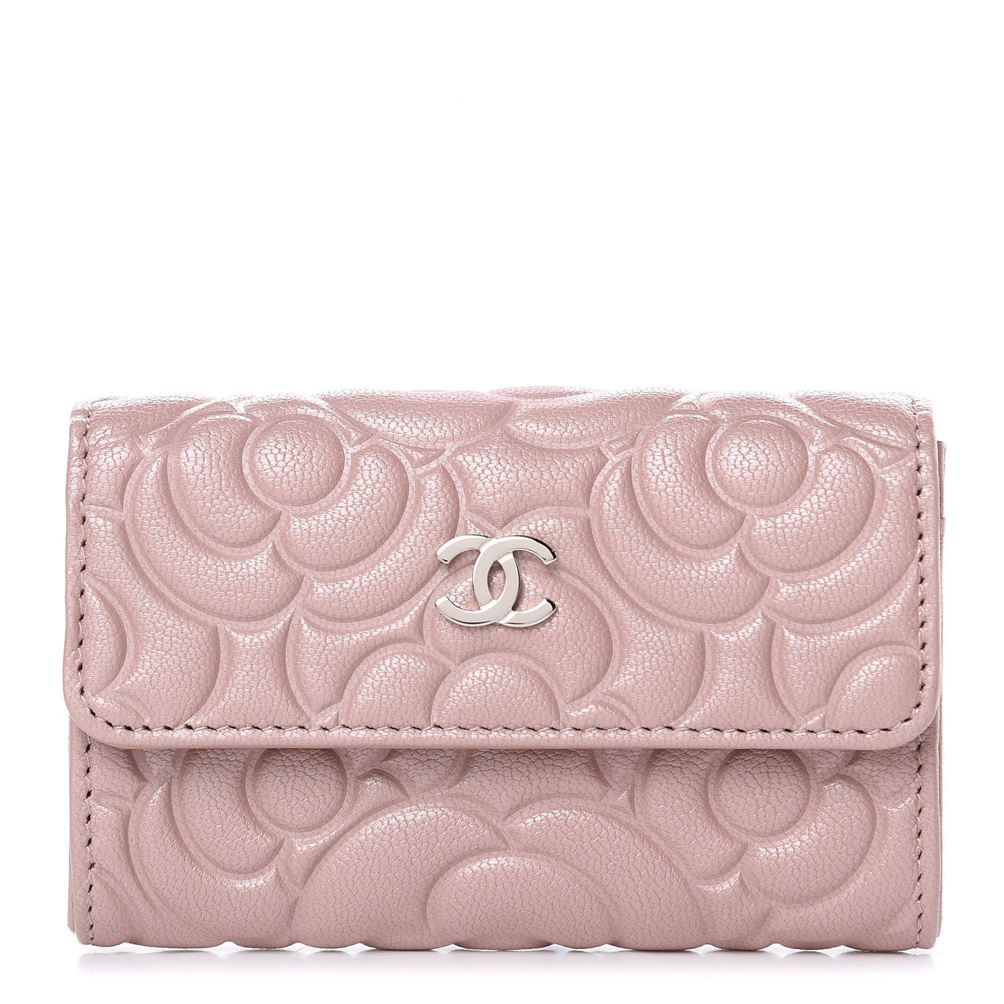 Goatskin Camellia Embossed Card Holder Wallet Light Pink